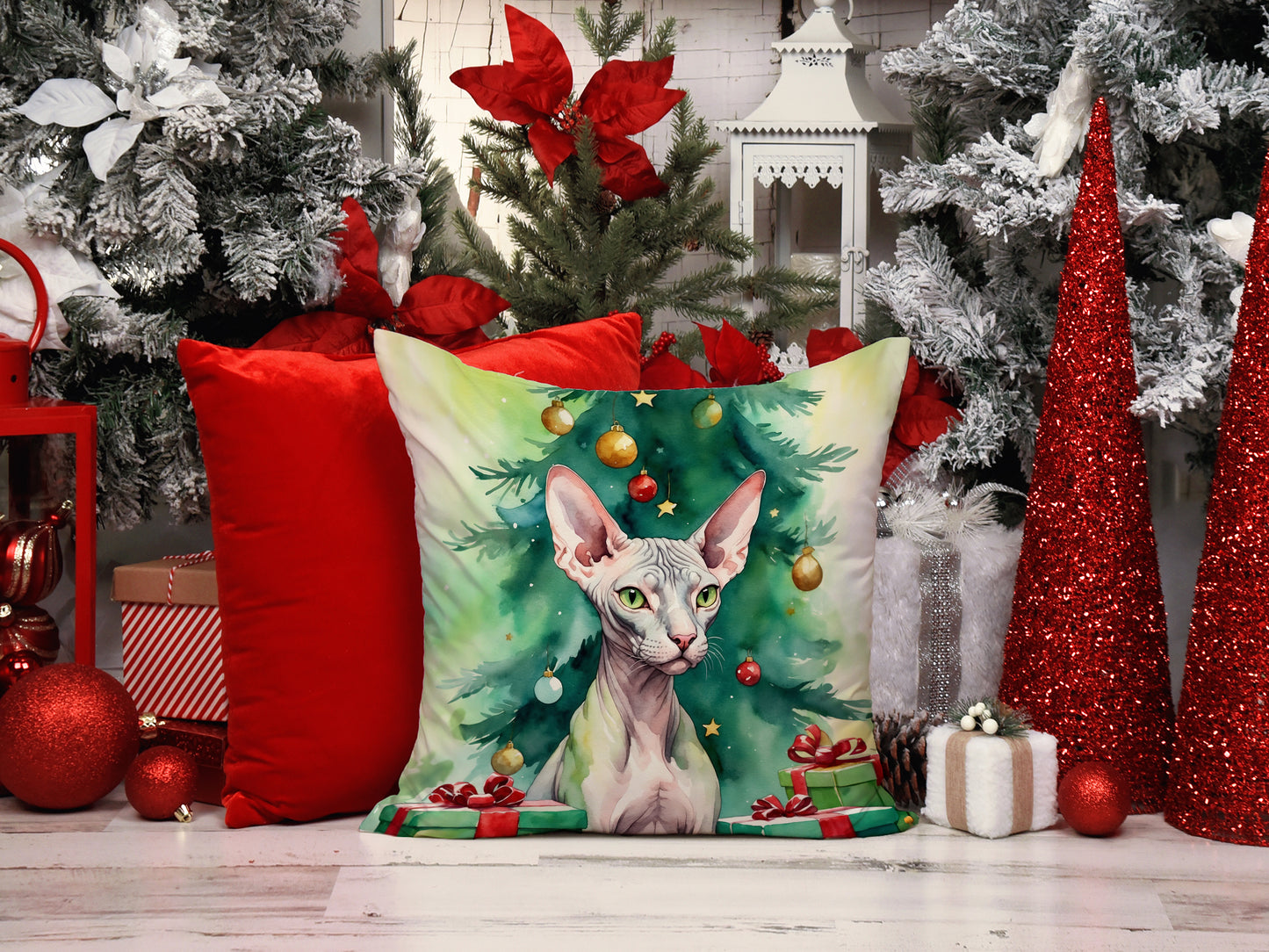 Donskoy Don Sphynx Cat By the Christmas Tree Throw Pillow