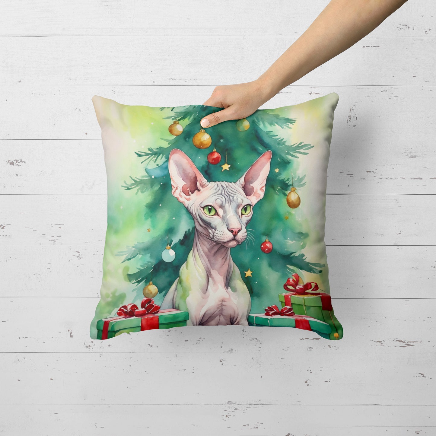 Donskoy Don Sphynx Cat By the Christmas Tree Throw Pillow