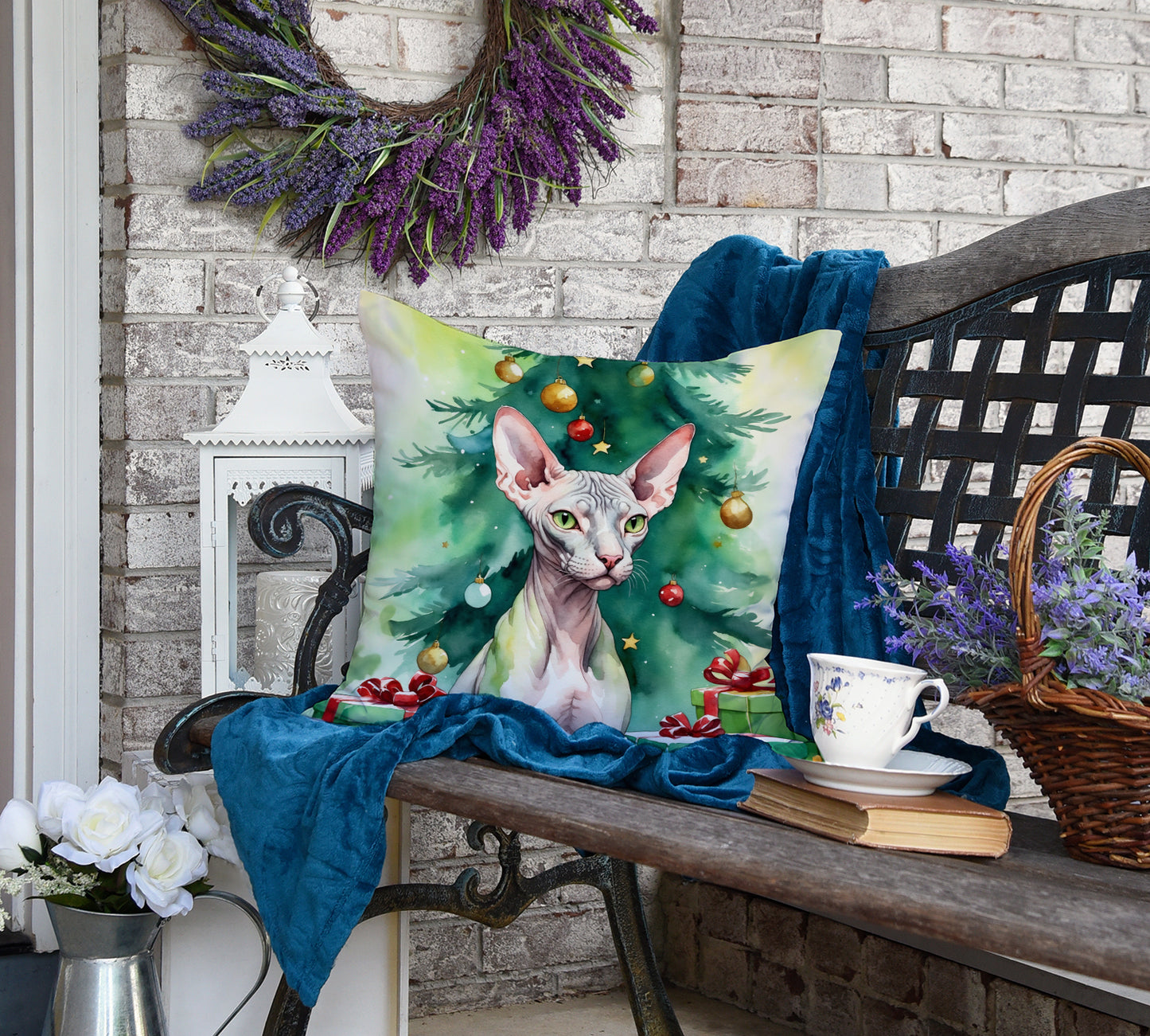 Donskoy Don Sphynx Cat By the Christmas Tree Throw Pillow