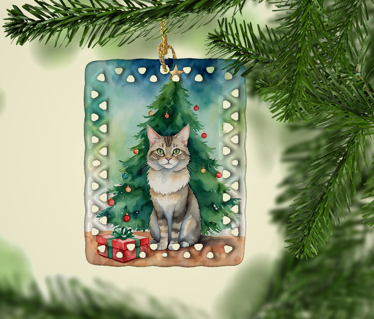 Dwelf Cat By the Christmas Tree Porcelain Ornament