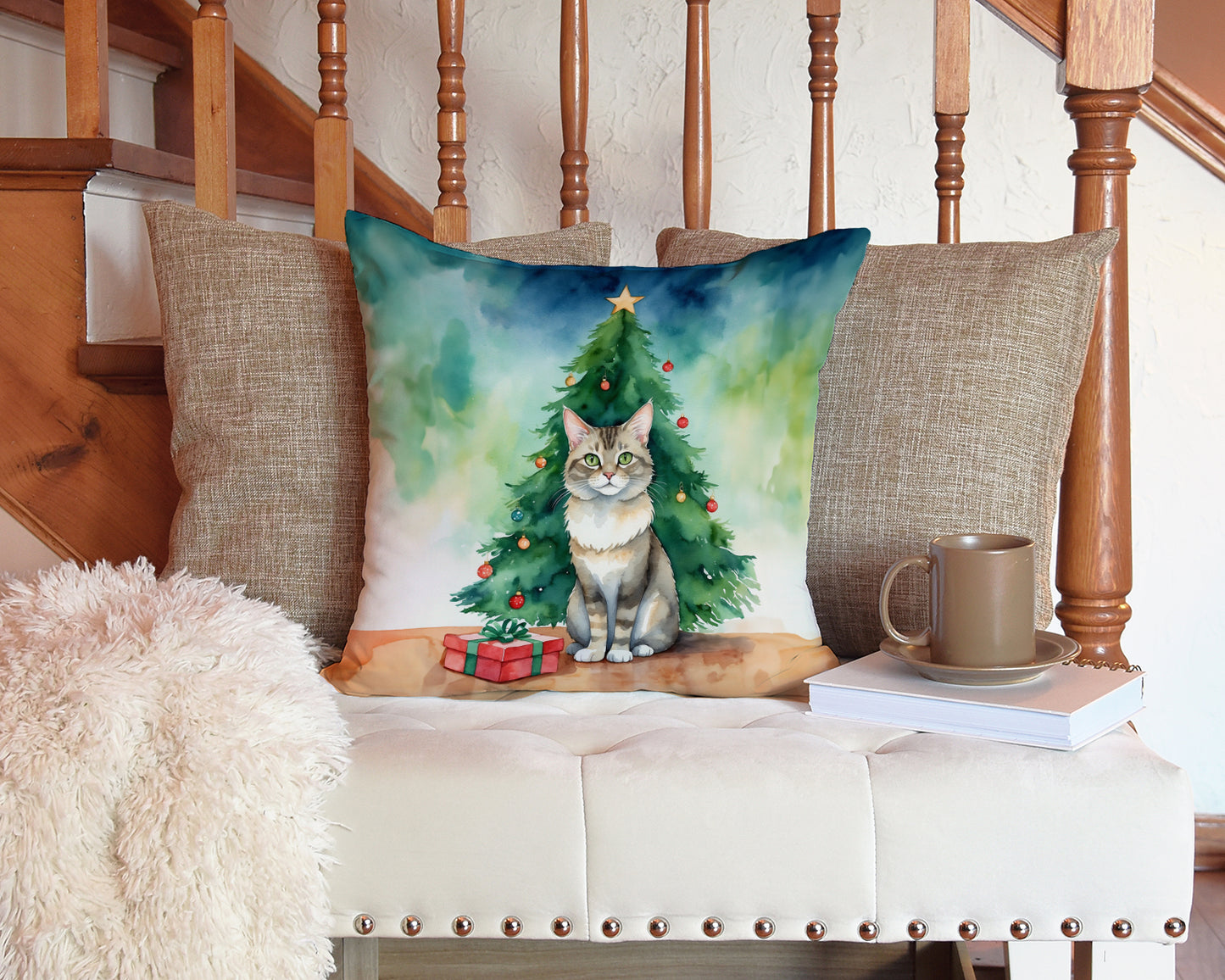 Dwelf Cat By the Christmas Tree Throw Pillow