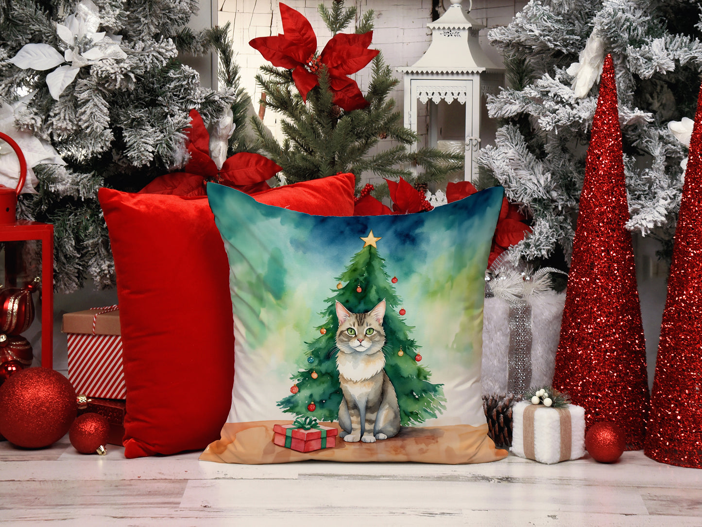Dwelf Cat By the Christmas Tree Throw Pillow