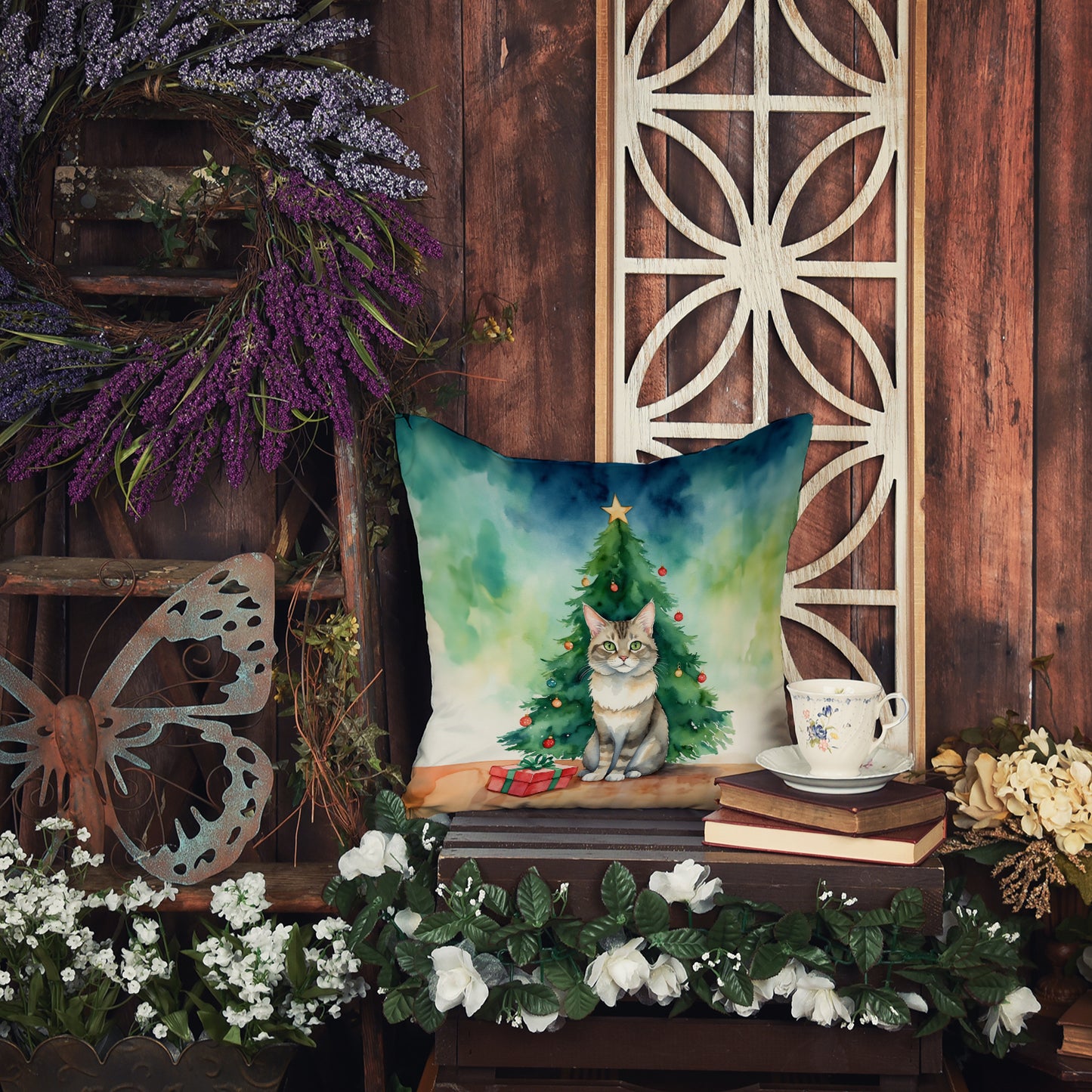 Dwelf Cat By the Christmas Tree Throw Pillow
