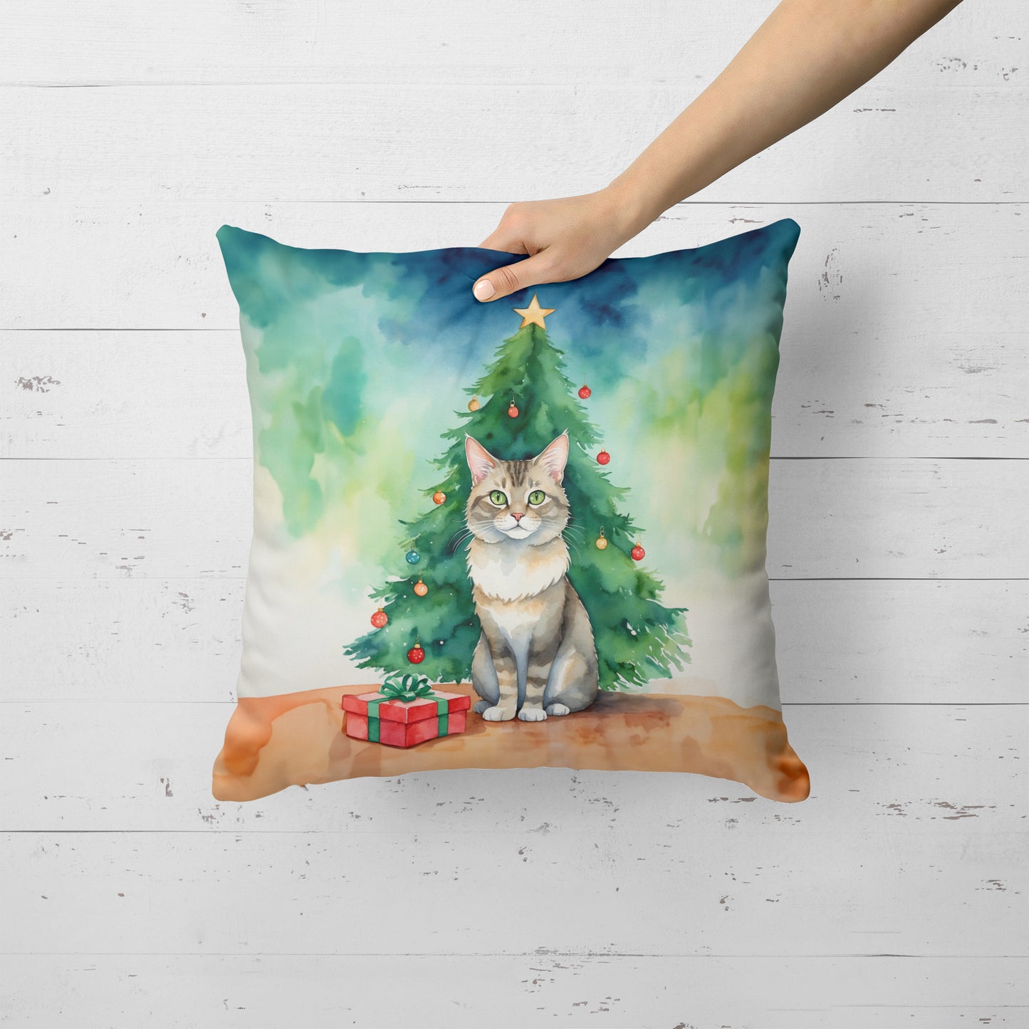 Dwelf Cat By the Christmas Tree Throw Pillow