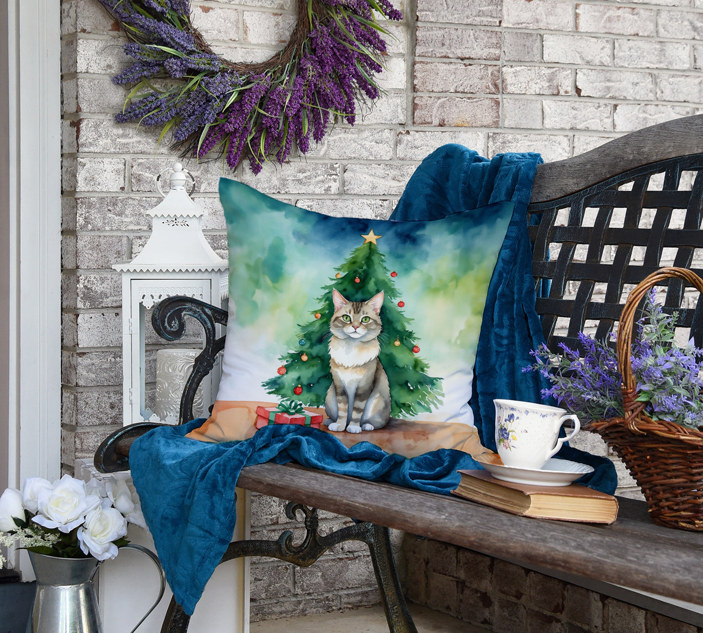 Dwelf Cat By the Christmas Tree Throw Pillow