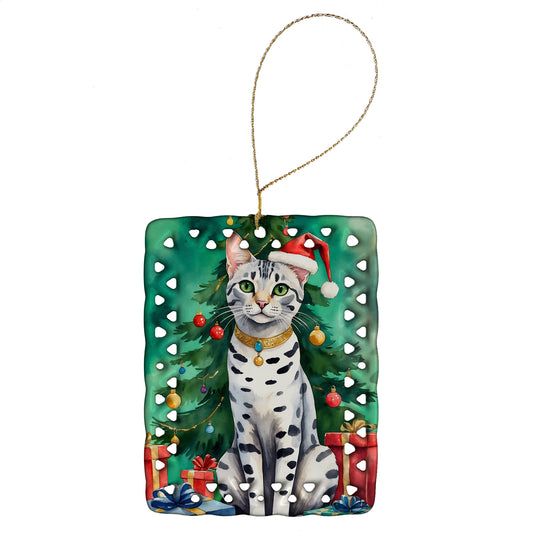 Buy this Egyptian Mau Cat By the Christmas Tree Porcelain Ornament