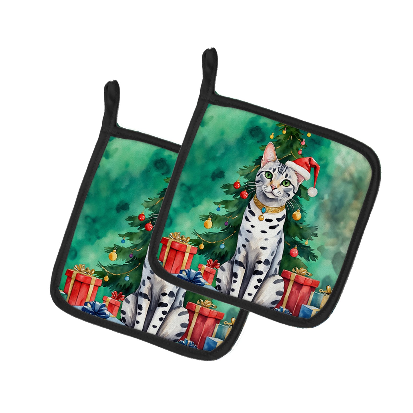 Buy this Egyptian Mau Cat By the Christmas Tree Pair of Pot Holders