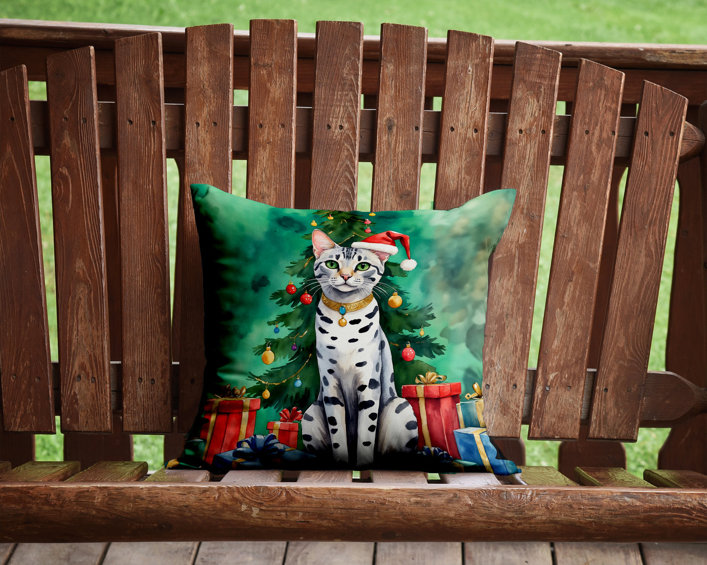 Egyptian Mau Cat By the Christmas Tree Throw Pillow