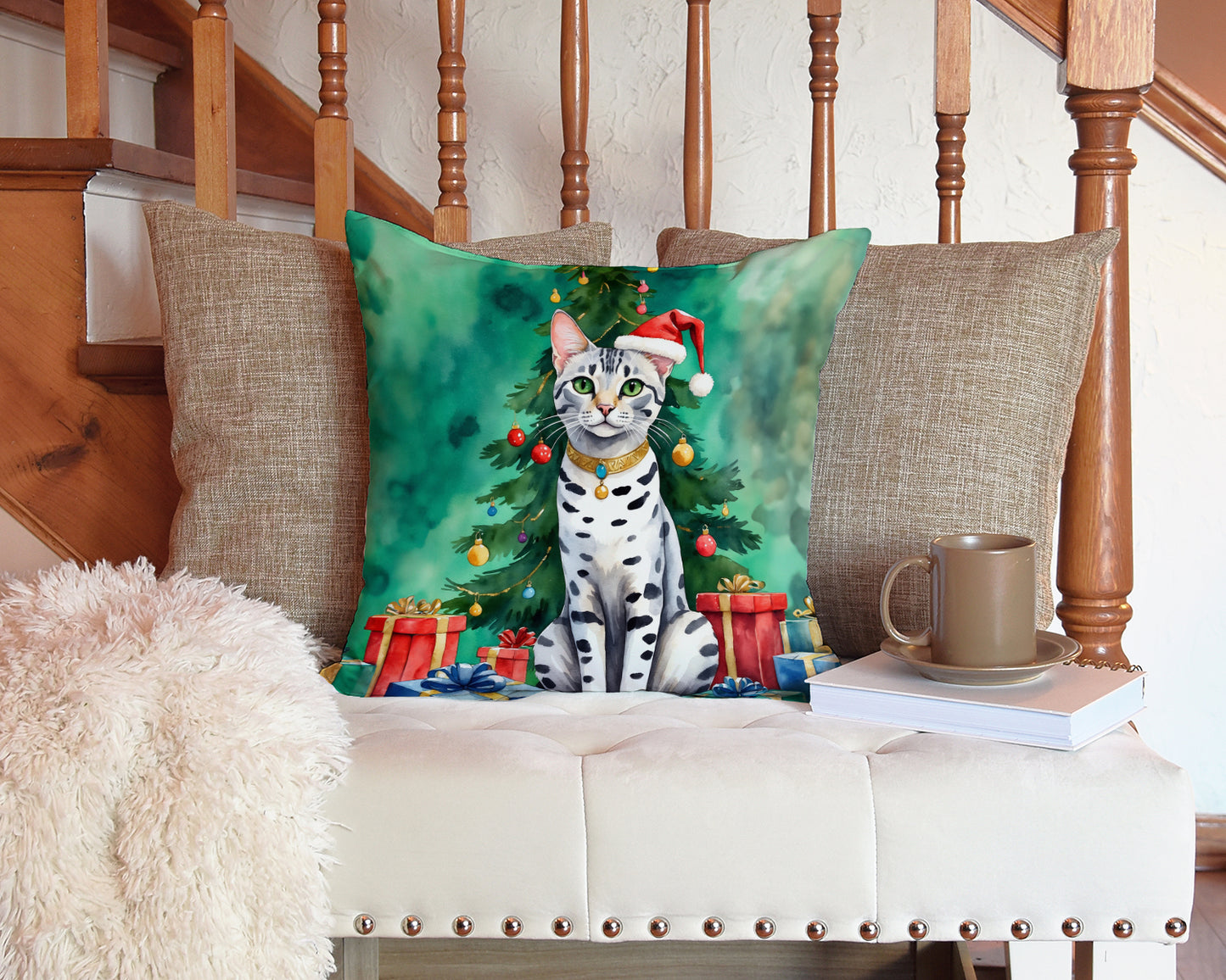 Egyptian Mau Cat By the Christmas Tree Throw Pillow