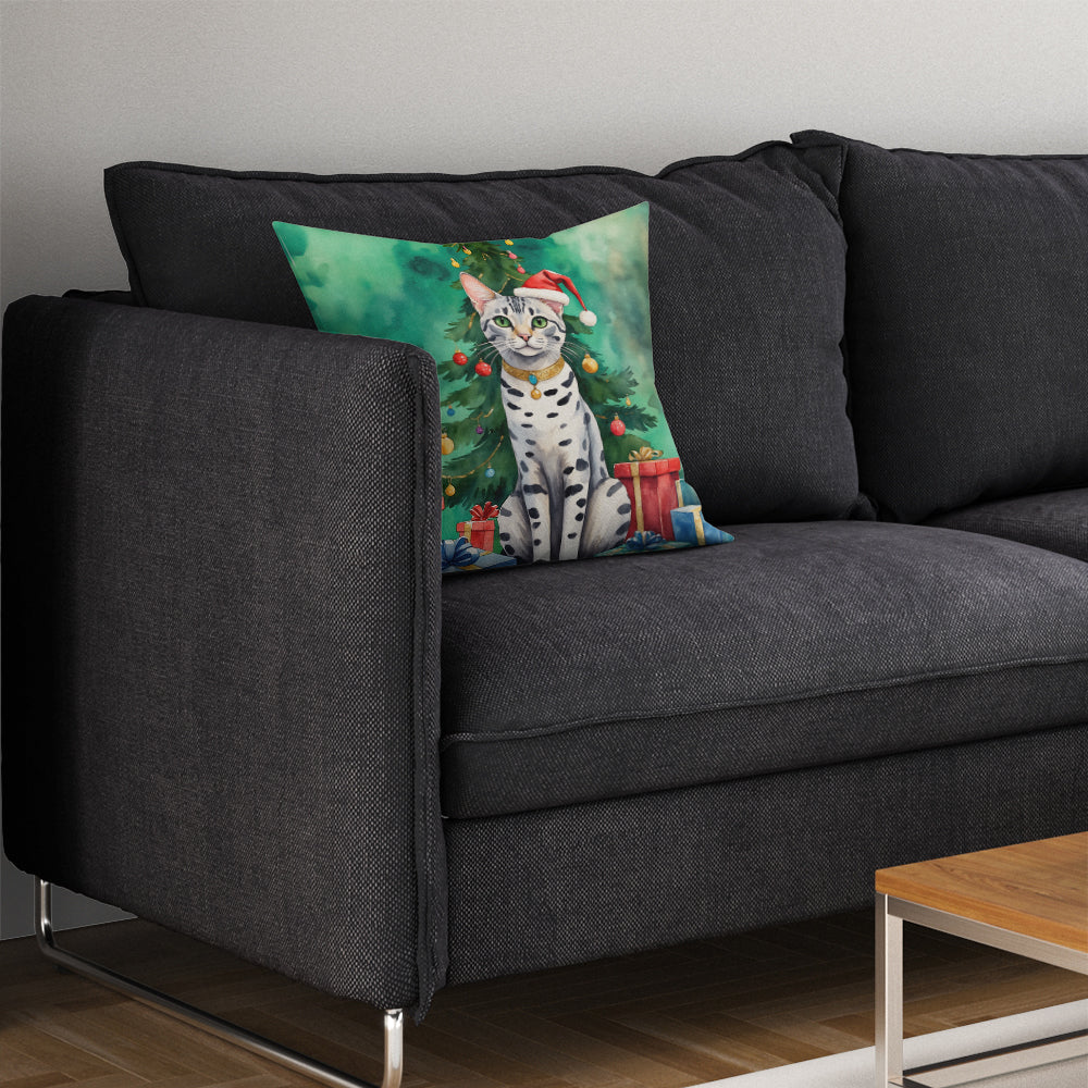 Egyptian Mau Cat By the Christmas Tree Throw Pillow