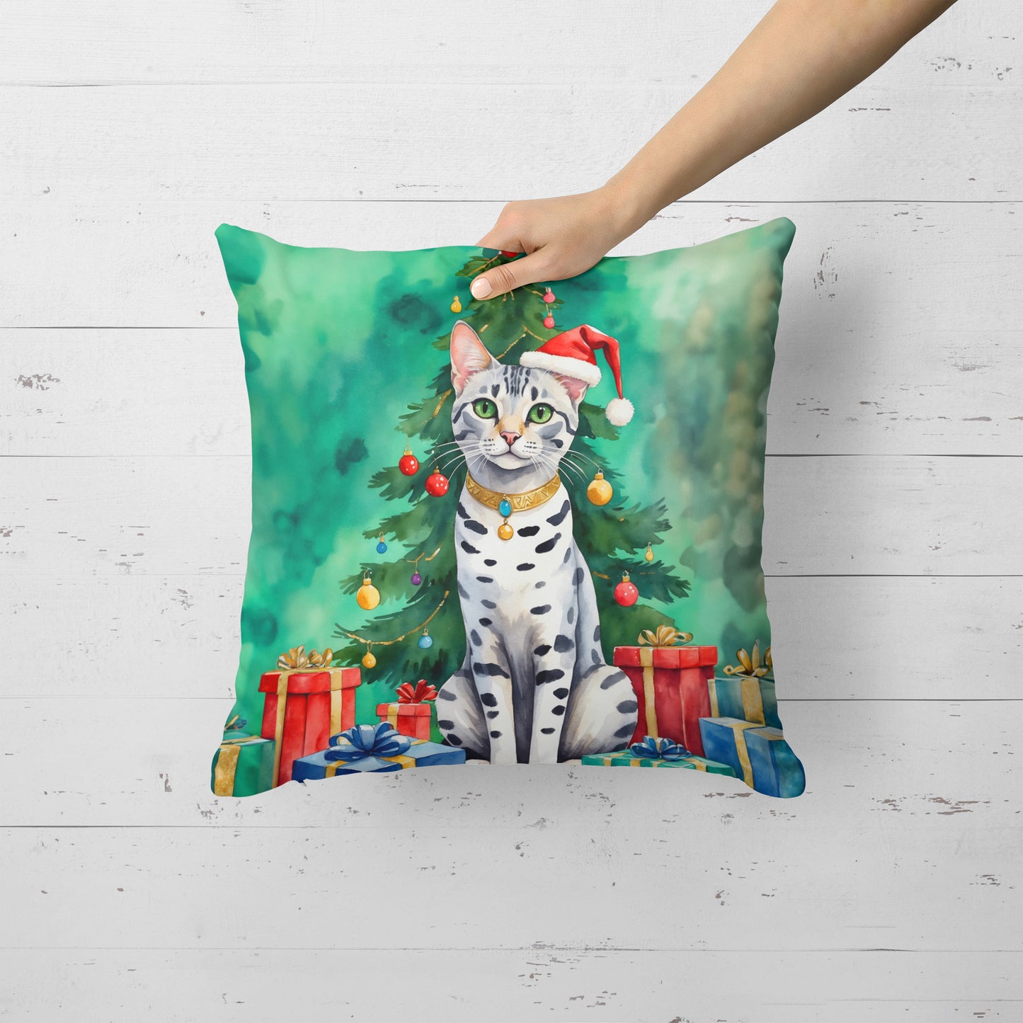 Egyptian Mau Cat By the Christmas Tree Throw Pillow