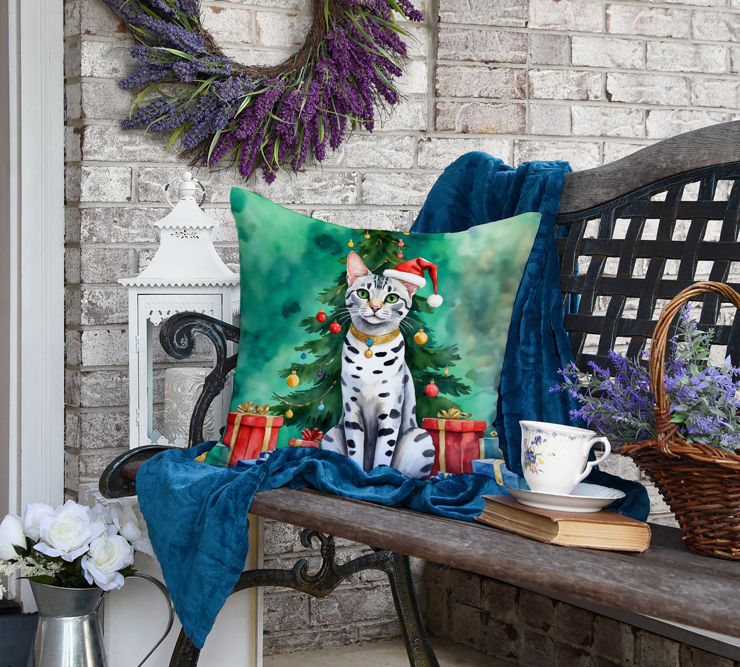 Egyptian Mau Cat By the Christmas Tree Throw Pillow