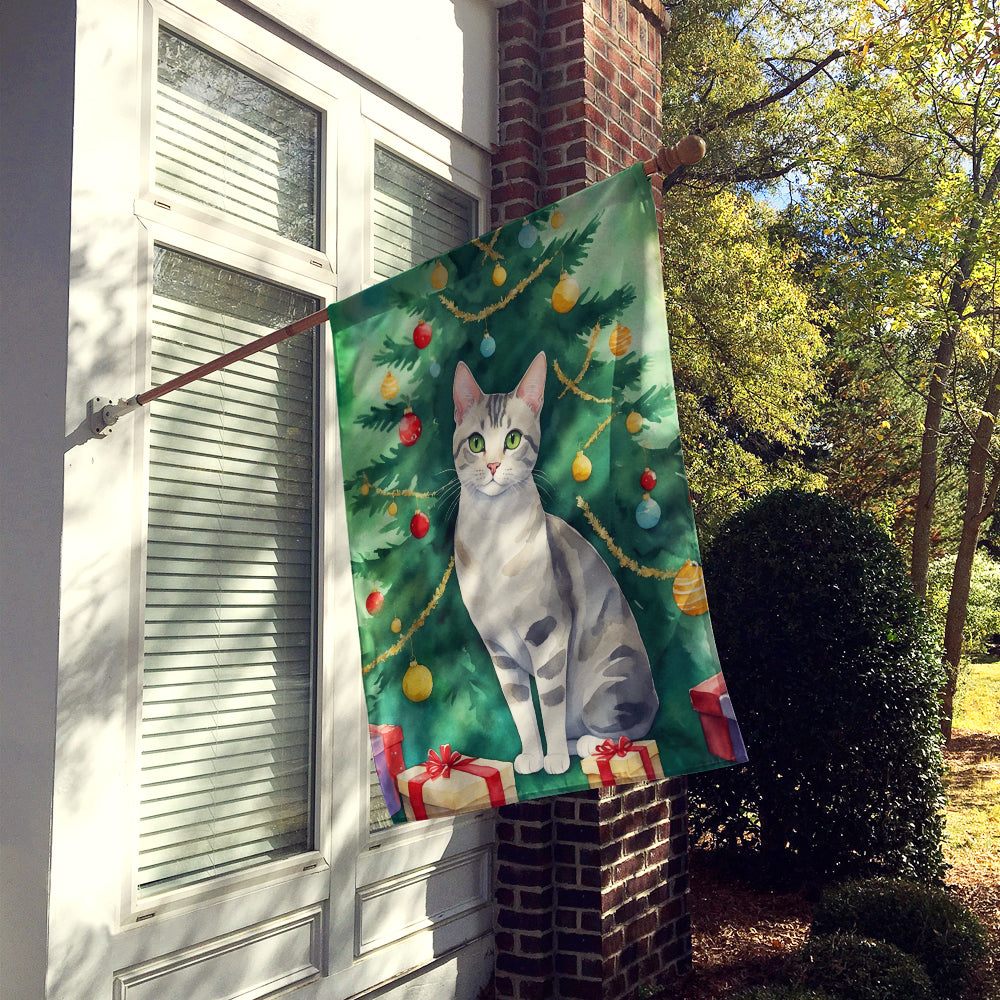 European Shorthair Cat By the Christmas Tree House Flag