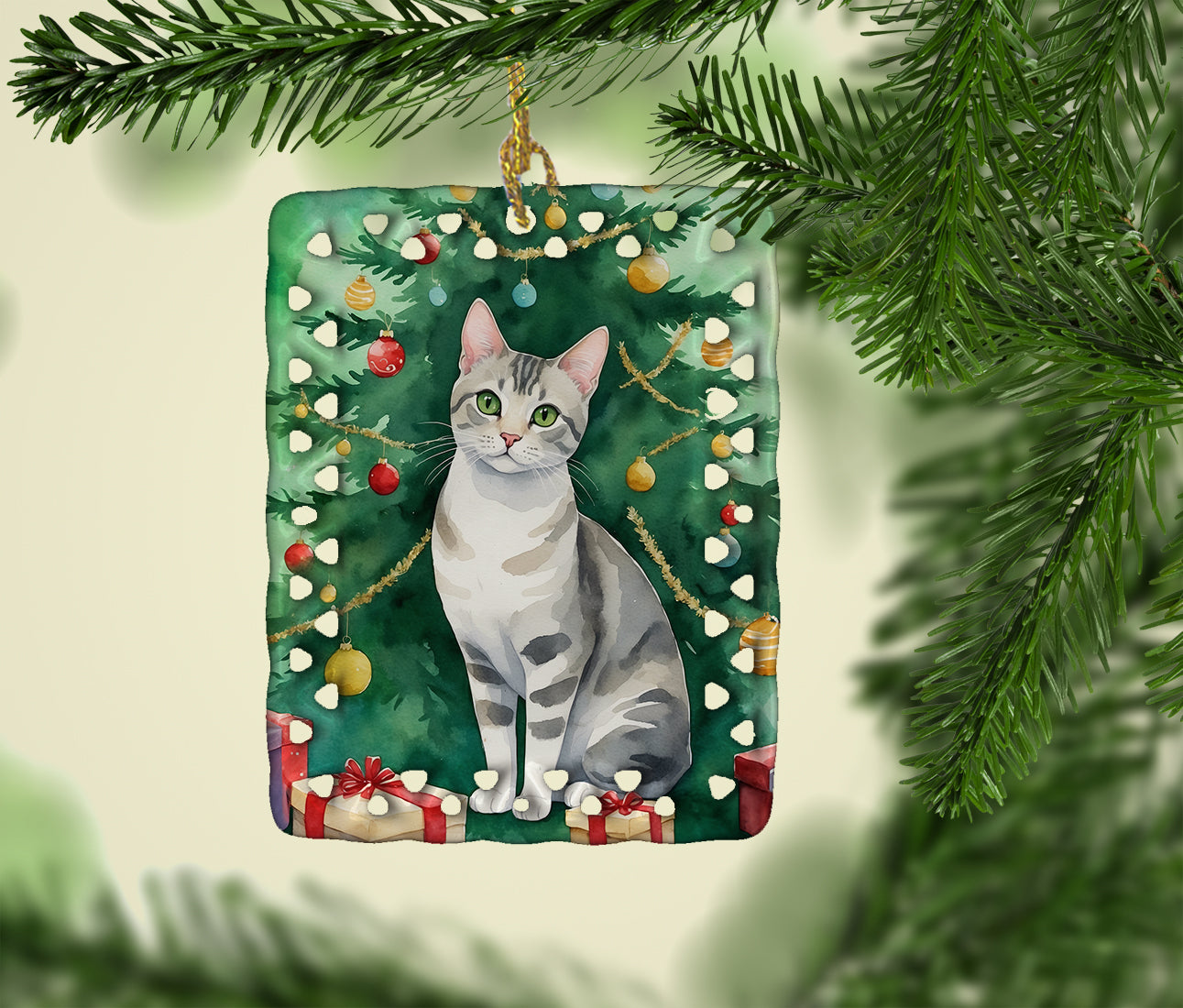 European Shorthair Cat By the Christmas Tree Porcelain Ornament