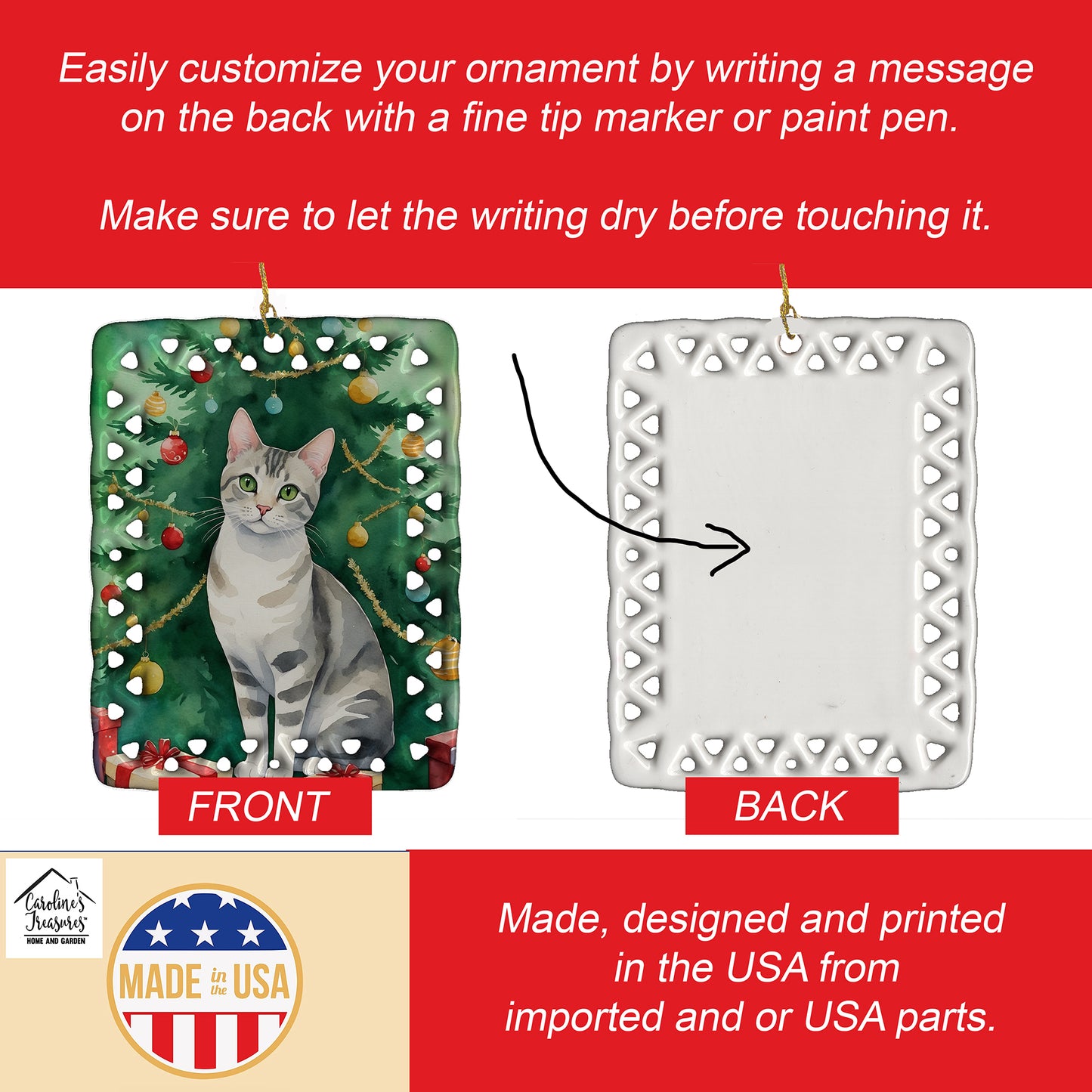 European Shorthair Cat By the Christmas Tree Porcelain Ornament