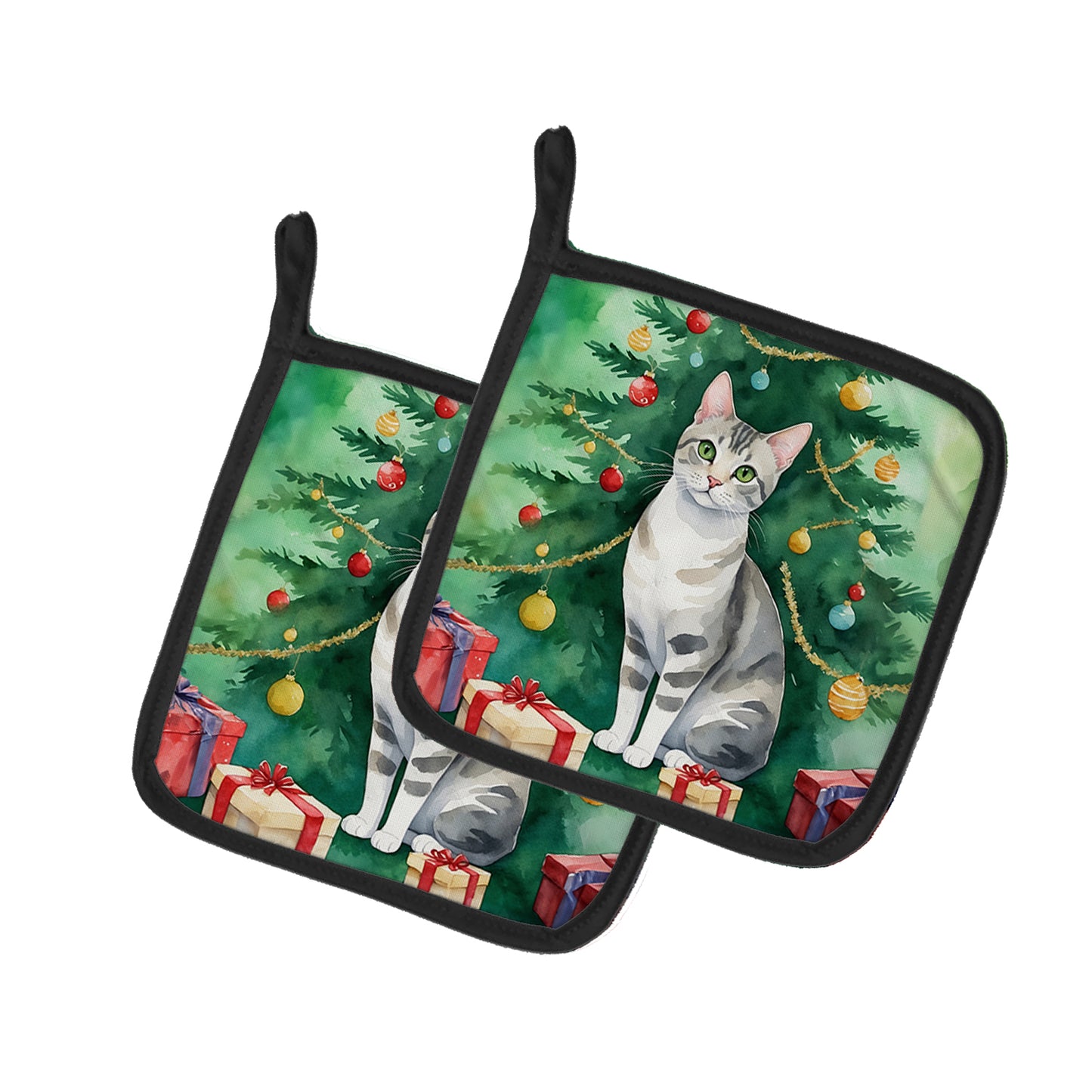 Buy this European Shorthair Cat By the Christmas Tree Pair of Pot Holders