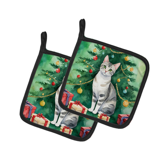 Buy this European Shorthair Cat By the Christmas Tree Pair of Pot Holders