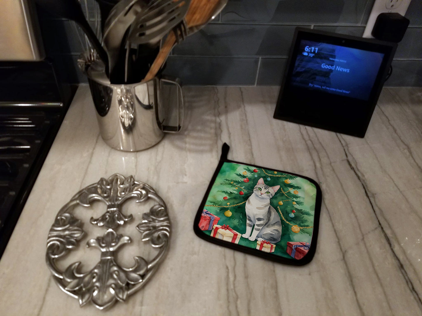 European Shorthair Cat By the Christmas Tree Pair of Pot Holders