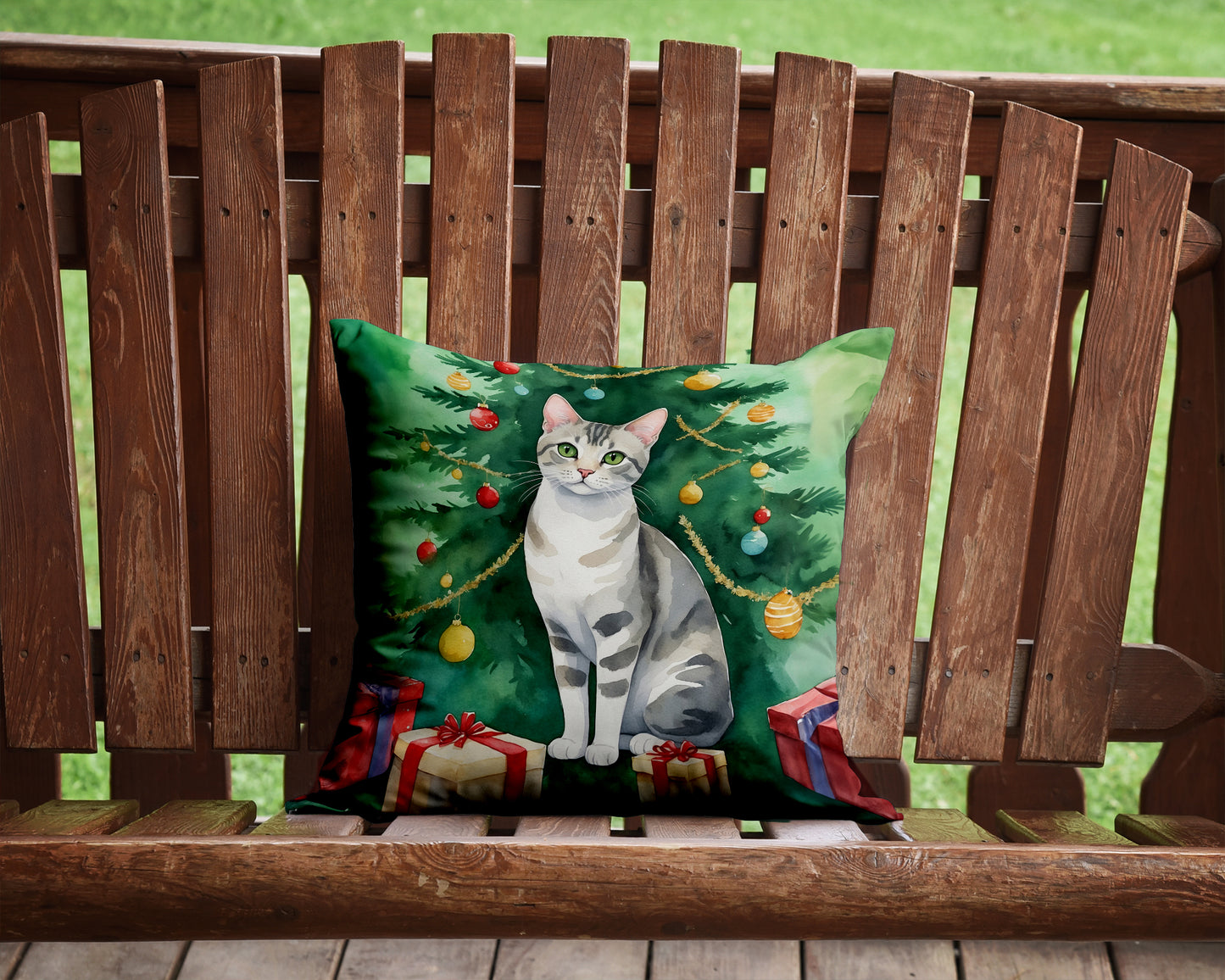 European Shorthair Cat By the Christmas Tree Throw Pillow