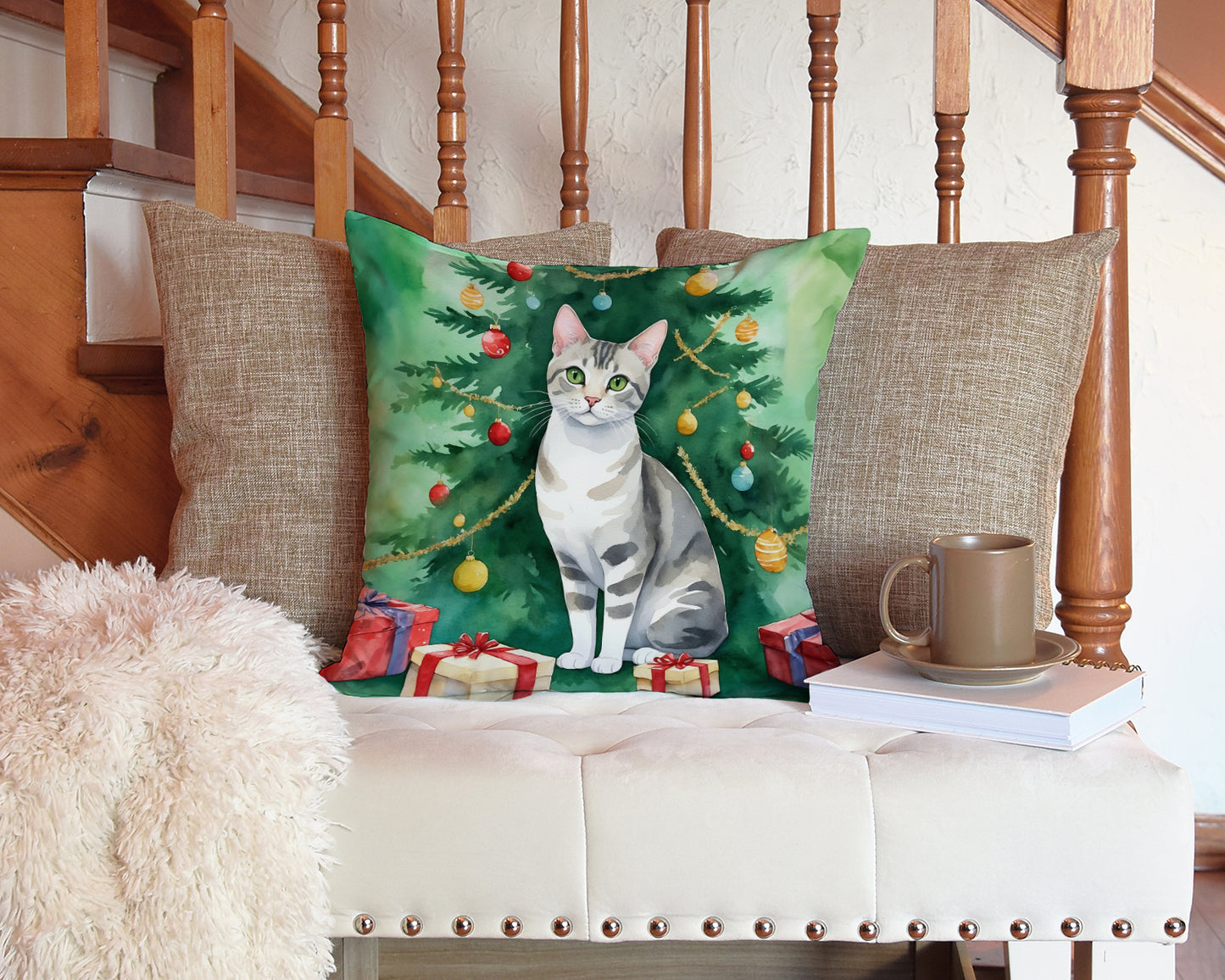 European Shorthair Cat By the Christmas Tree Throw Pillow