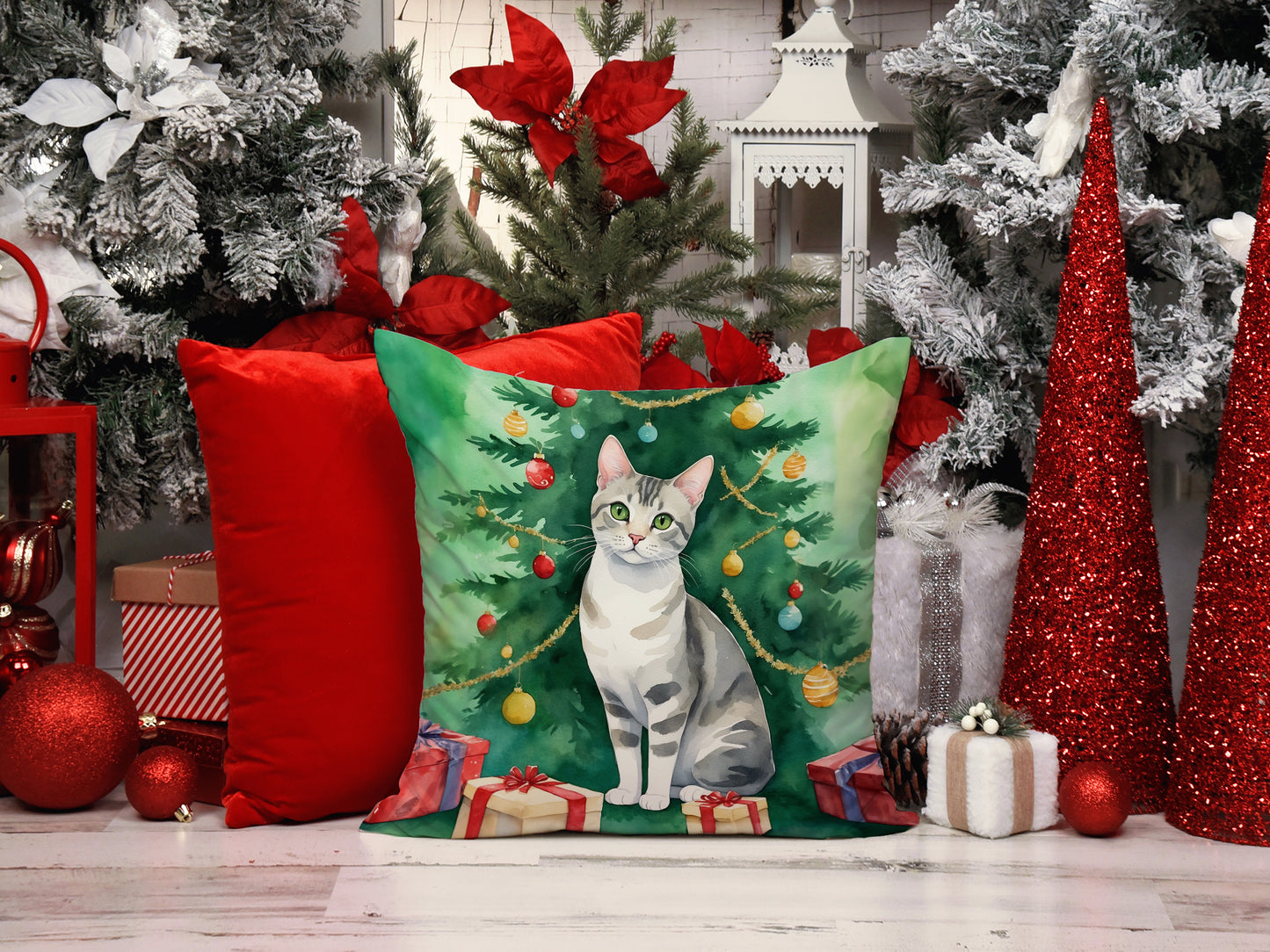 European Shorthair Cat By the Christmas Tree Throw Pillow