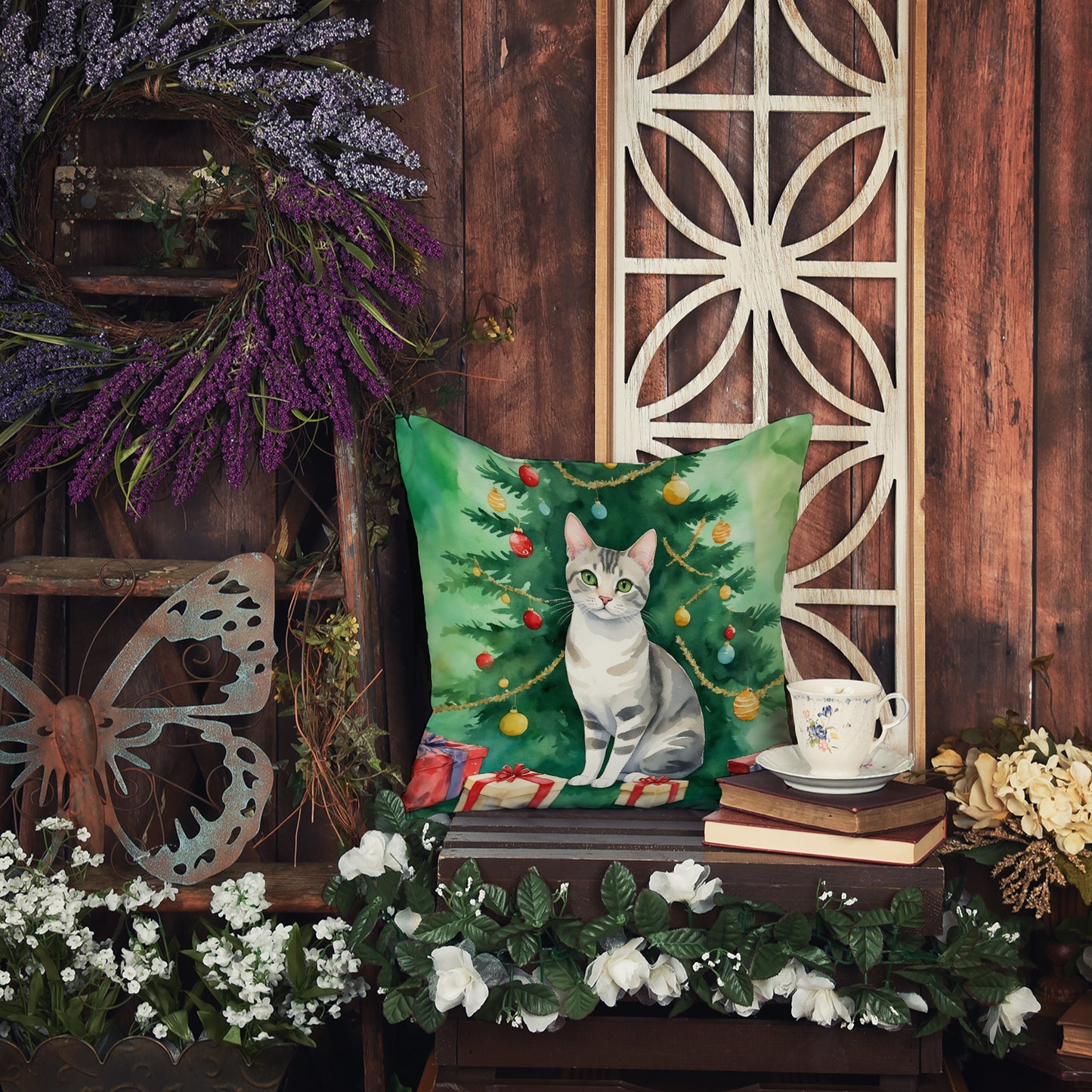 European Shorthair Cat By the Christmas Tree Throw Pillow