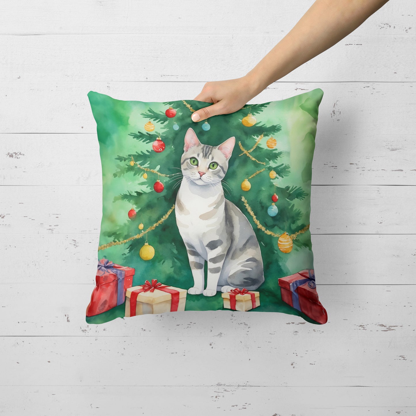 European Shorthair Cat By the Christmas Tree Throw Pillow