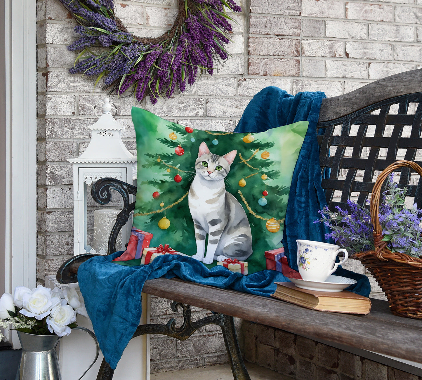 European Shorthair Cat By the Christmas Tree Throw Pillow