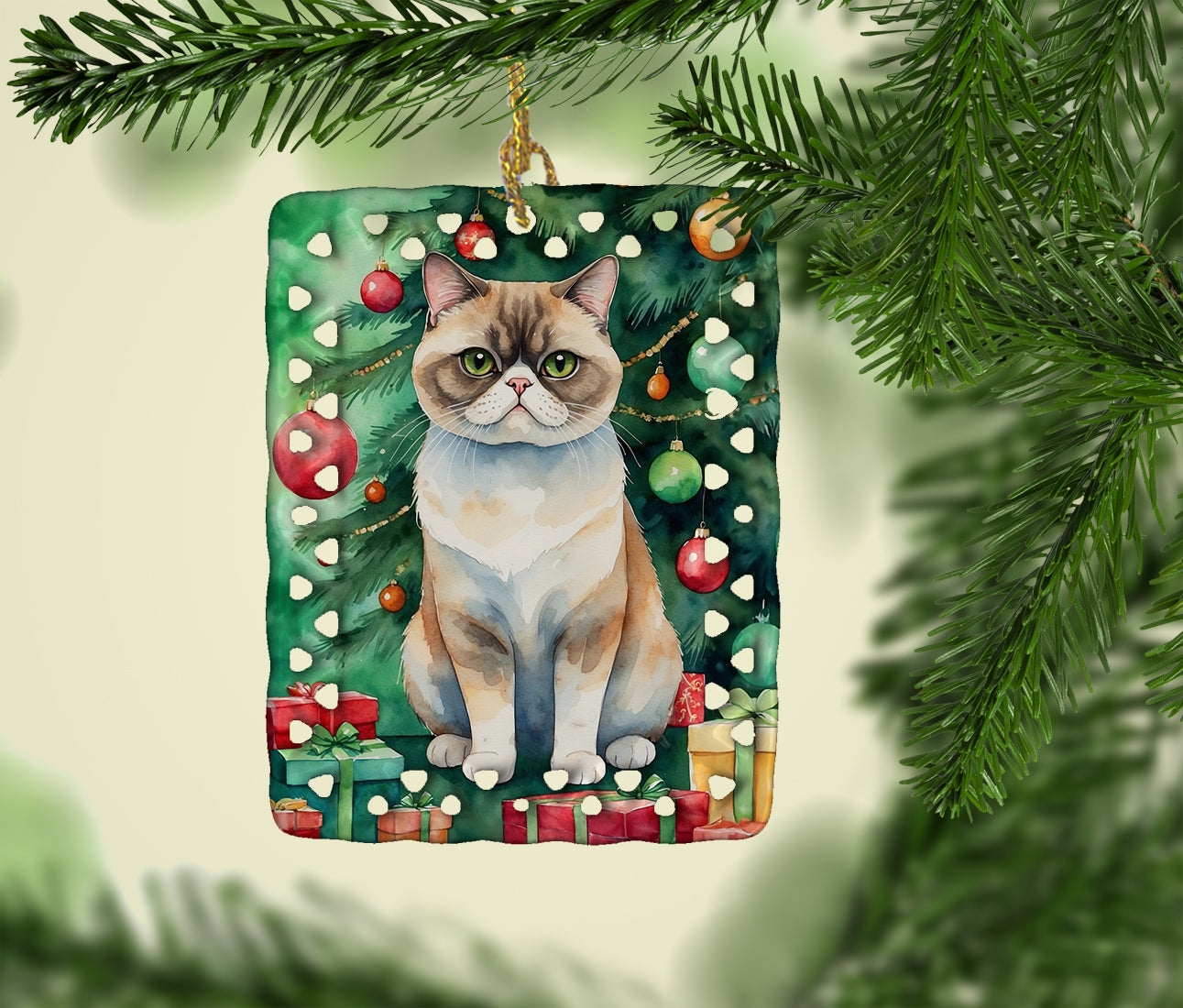 Exotic Shorthair Cat By the Christmas Tree Porcelain Ornament