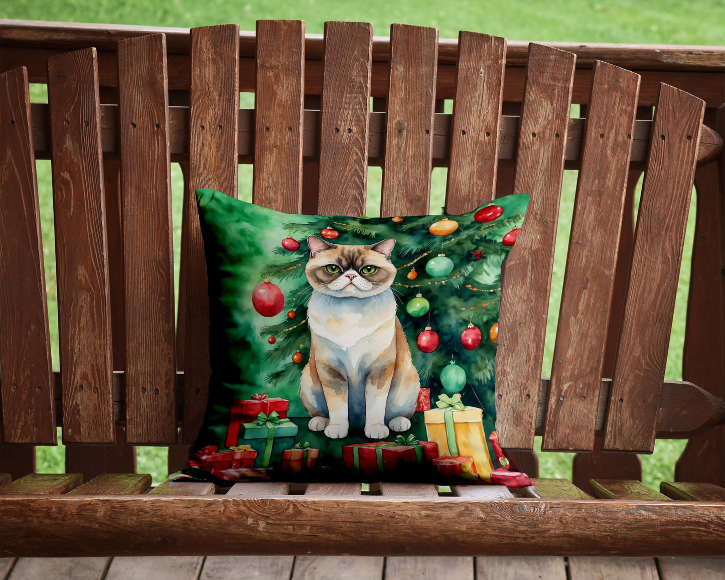 Exotic Shorthair Cat By the Christmas Tree Throw Pillow
