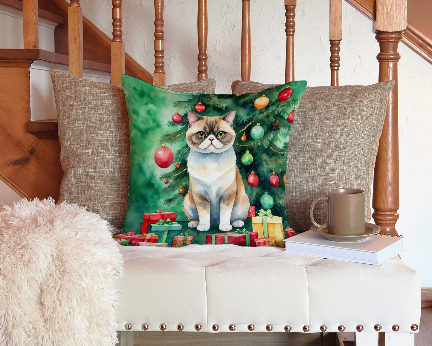 Exotic Shorthair Cat By the Christmas Tree Throw Pillow