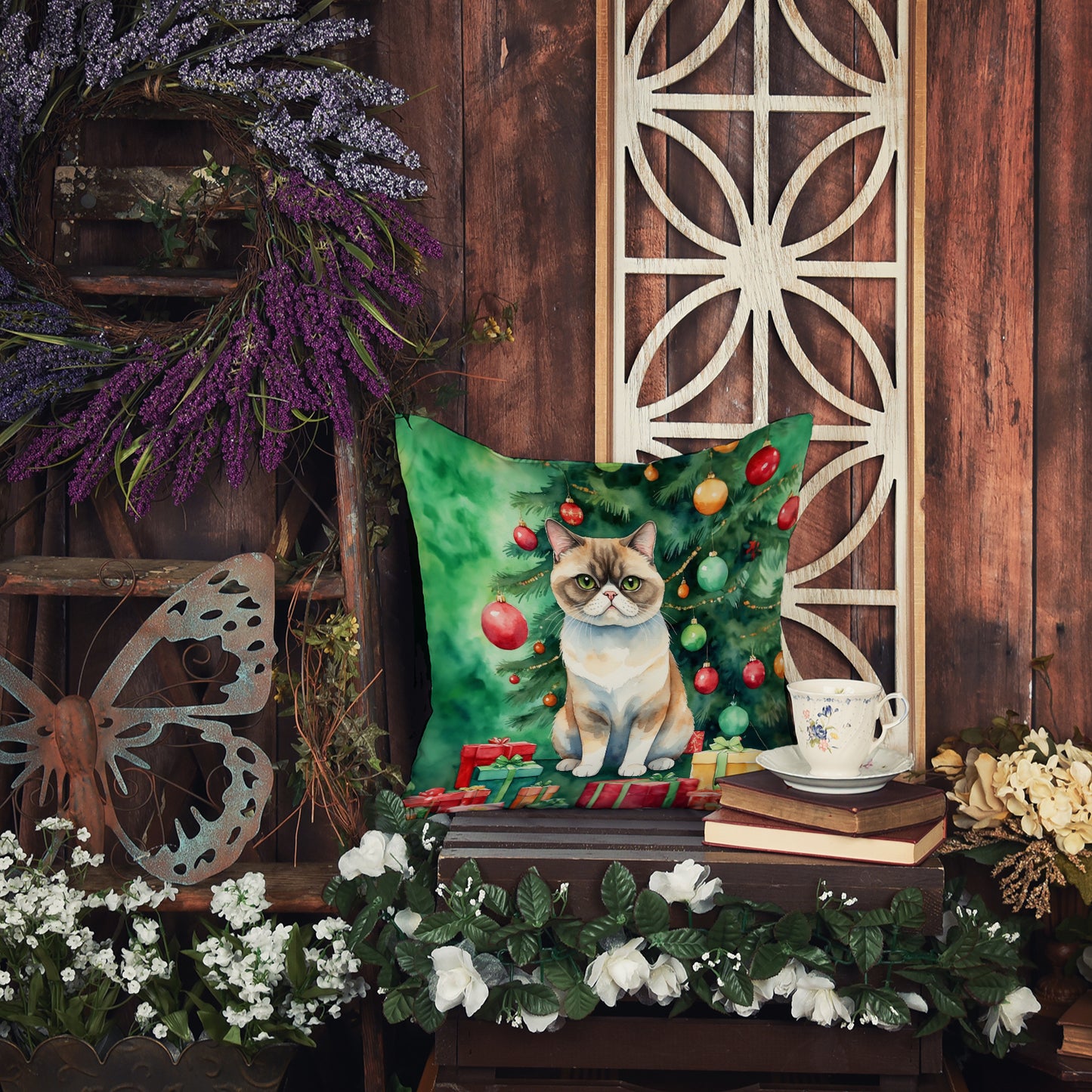 Exotic Shorthair Cat By the Christmas Tree Throw Pillow