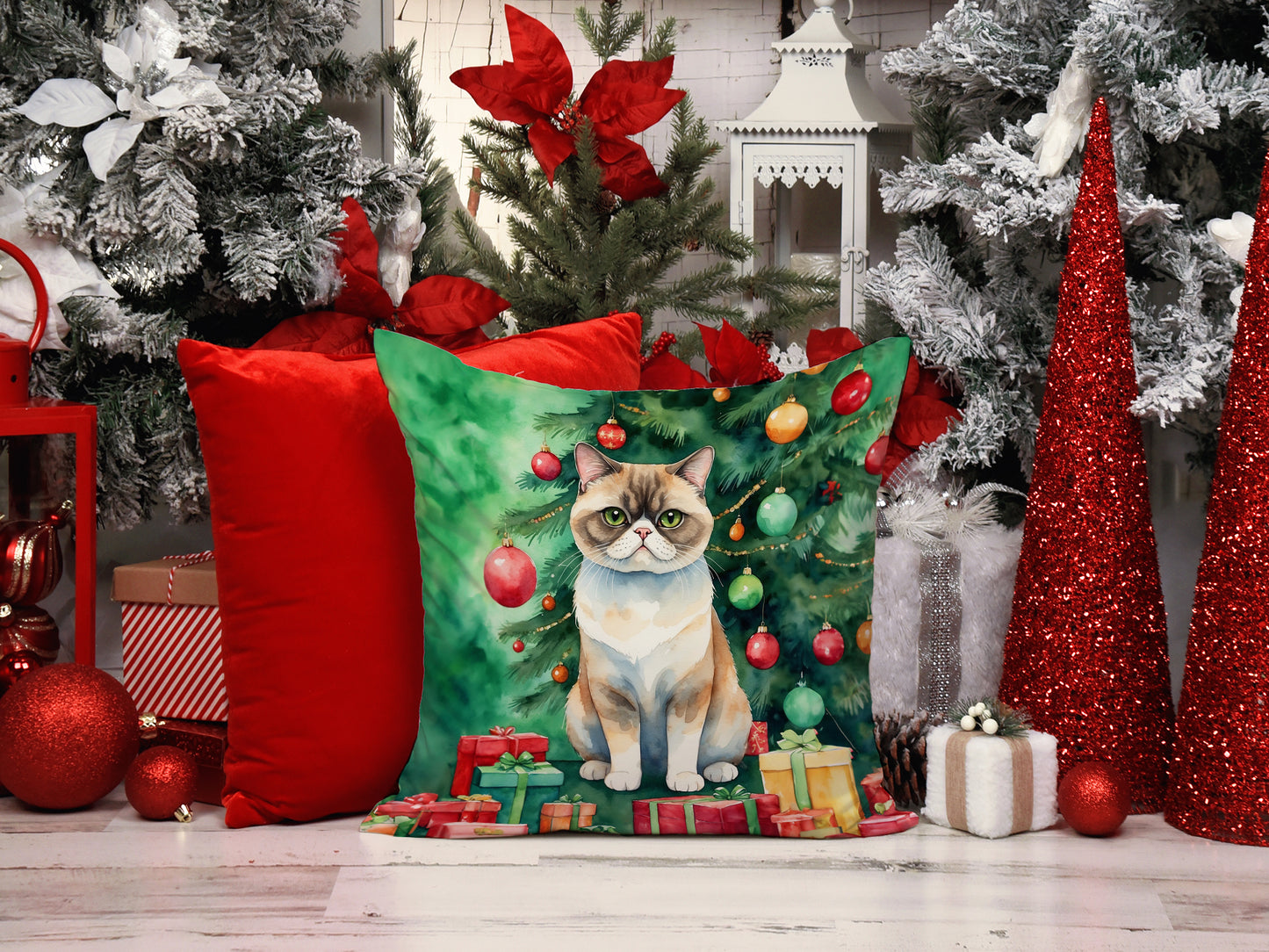 Exotic Shorthair Cat By the Christmas Tree Throw Pillow