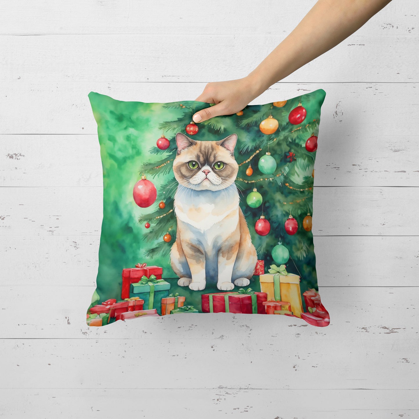 Exotic Shorthair Cat By the Christmas Tree Throw Pillow