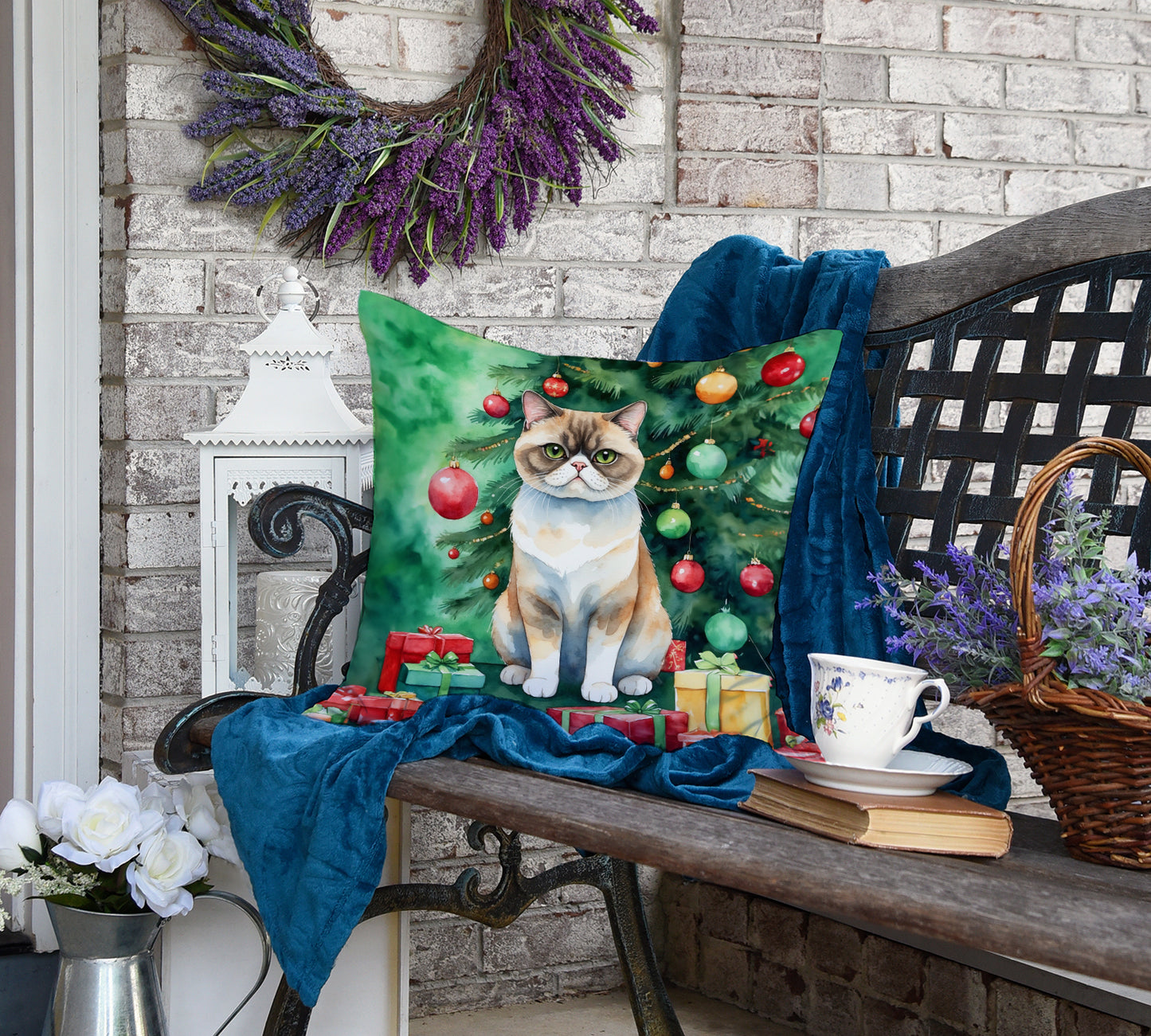 Exotic Shorthair Cat By the Christmas Tree Throw Pillow