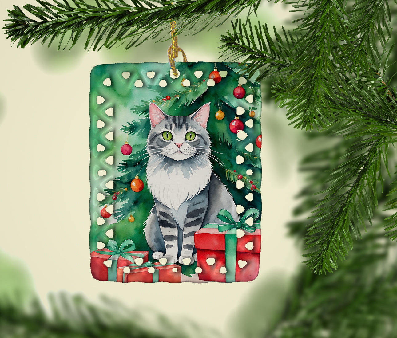 Foldex Exotic Fold Cat By the Christmas Tree Porcelain Ornament