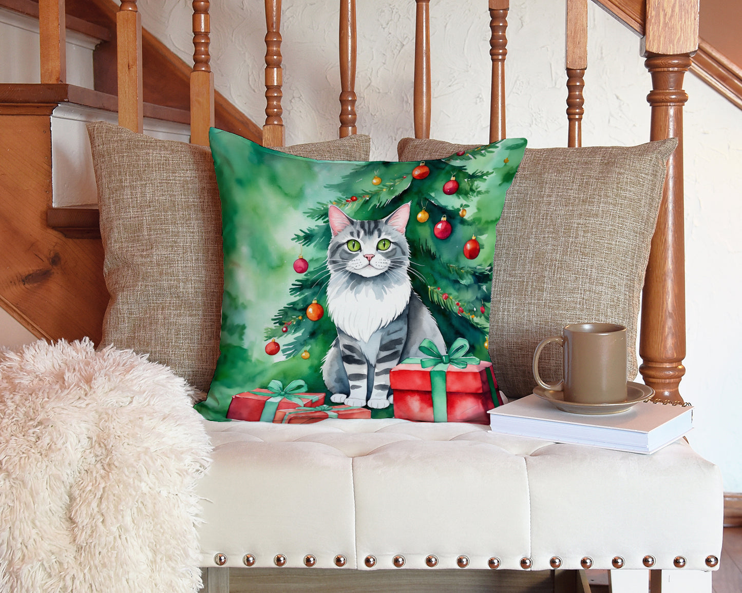 Foldex Exotic Fold Cat By the Christmas Tree Throw Pillow