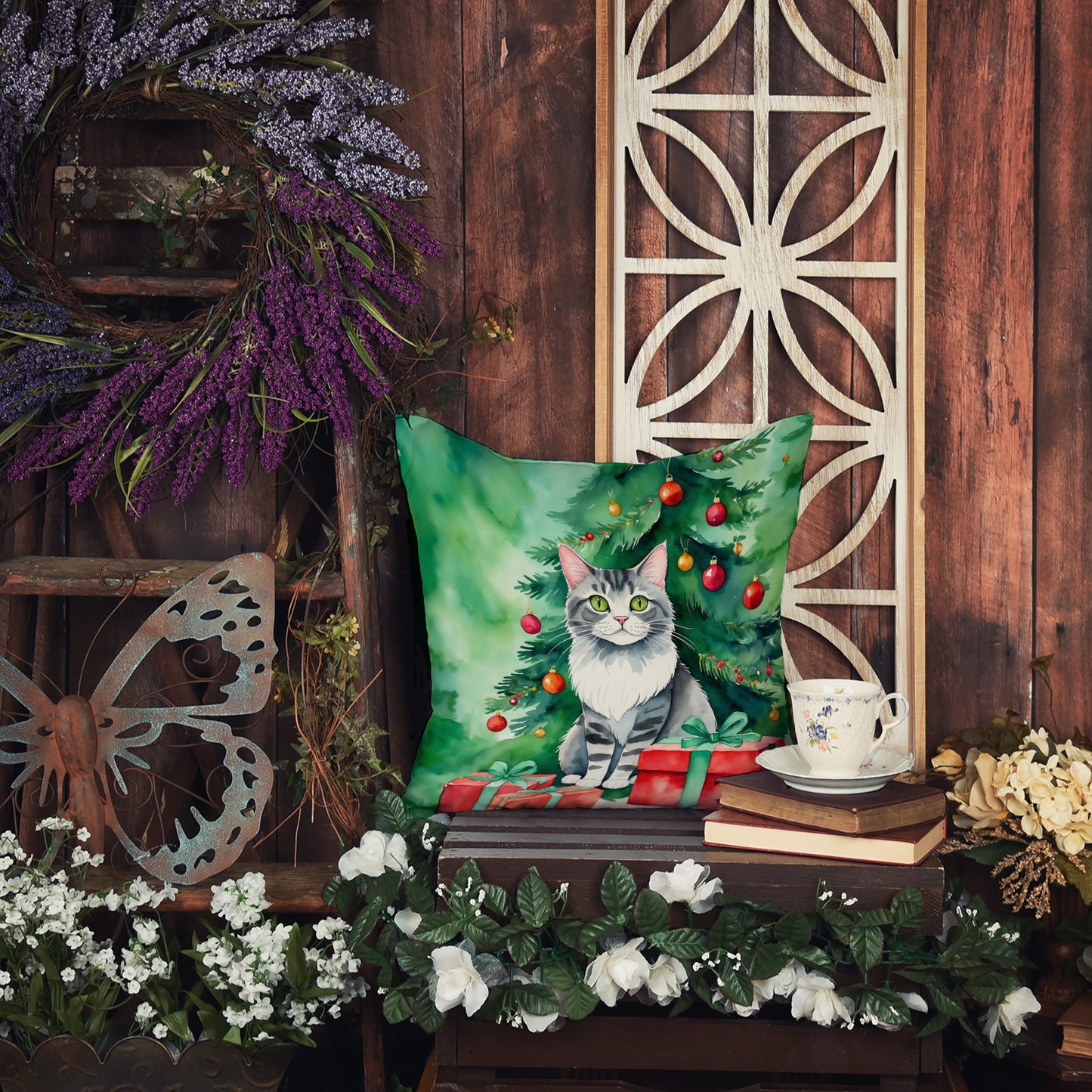 Foldex Exotic Fold Cat By the Christmas Tree Throw Pillow