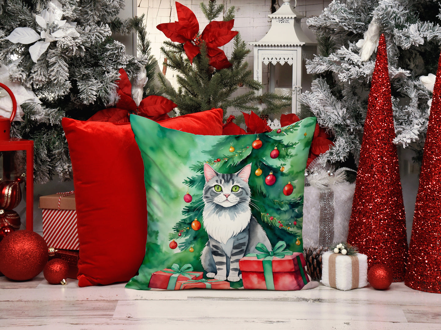 Foldex Exotic Fold Cat By the Christmas Tree Throw Pillow