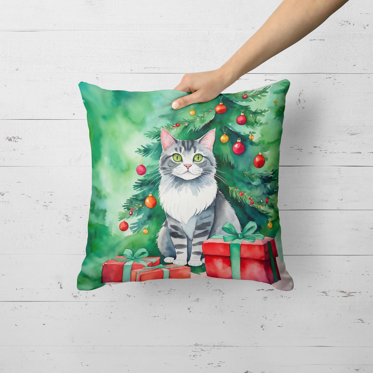 Foldex Exotic Fold Cat By the Christmas Tree Throw Pillow