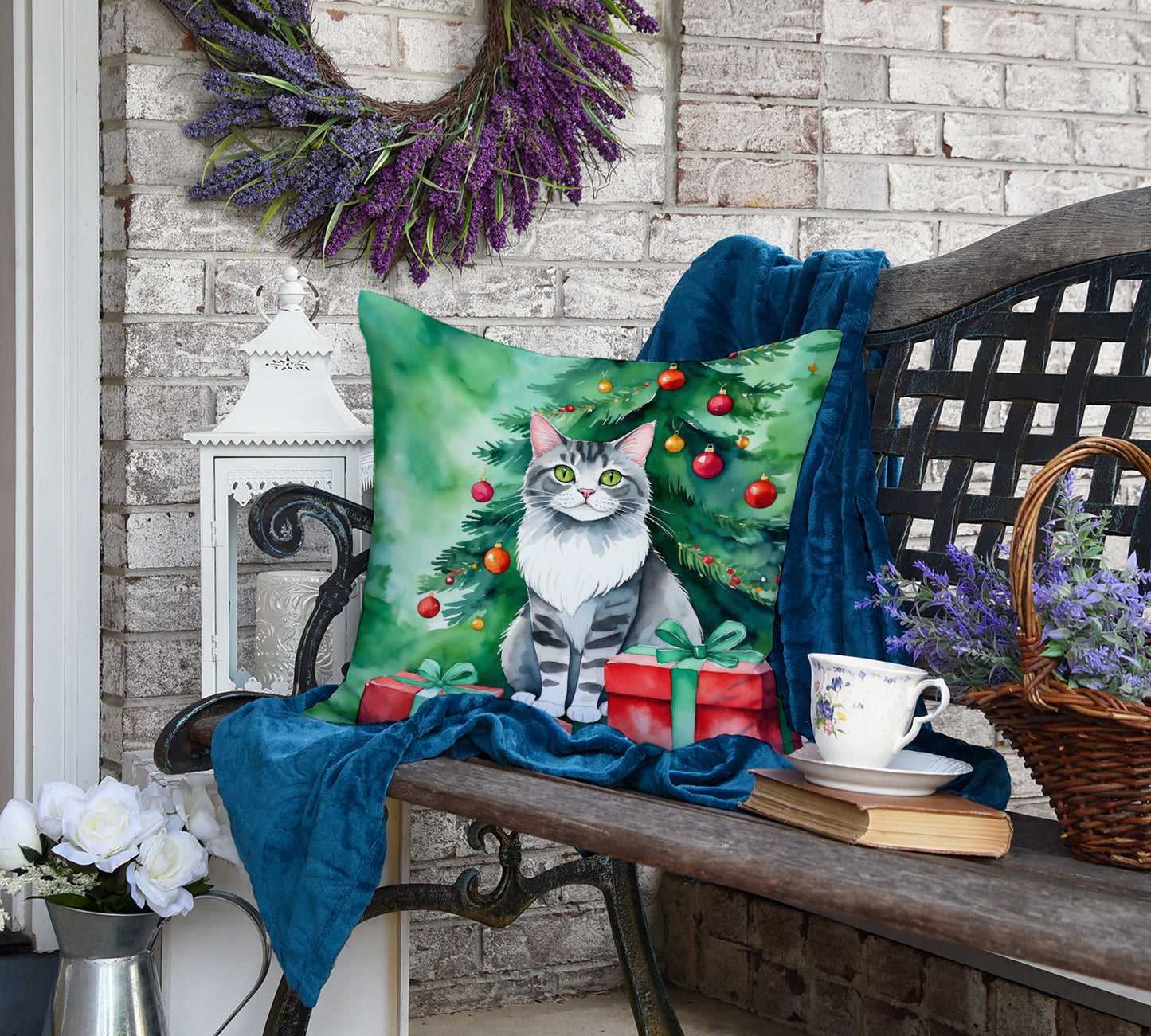 Foldex Exotic Fold Cat By the Christmas Tree Throw Pillow