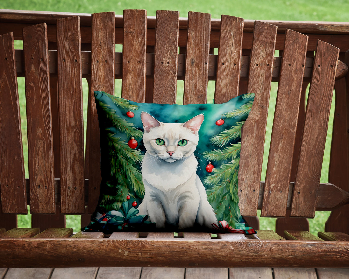 Foreign White Cat By the Christmas Tree Throw Pillow