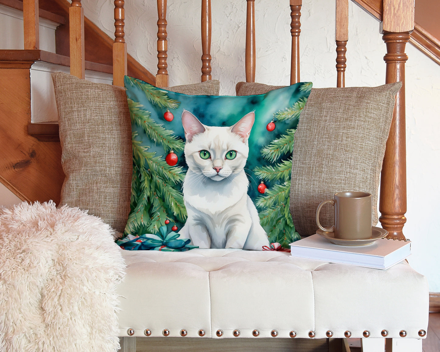 Foreign White Cat By the Christmas Tree Throw Pillow