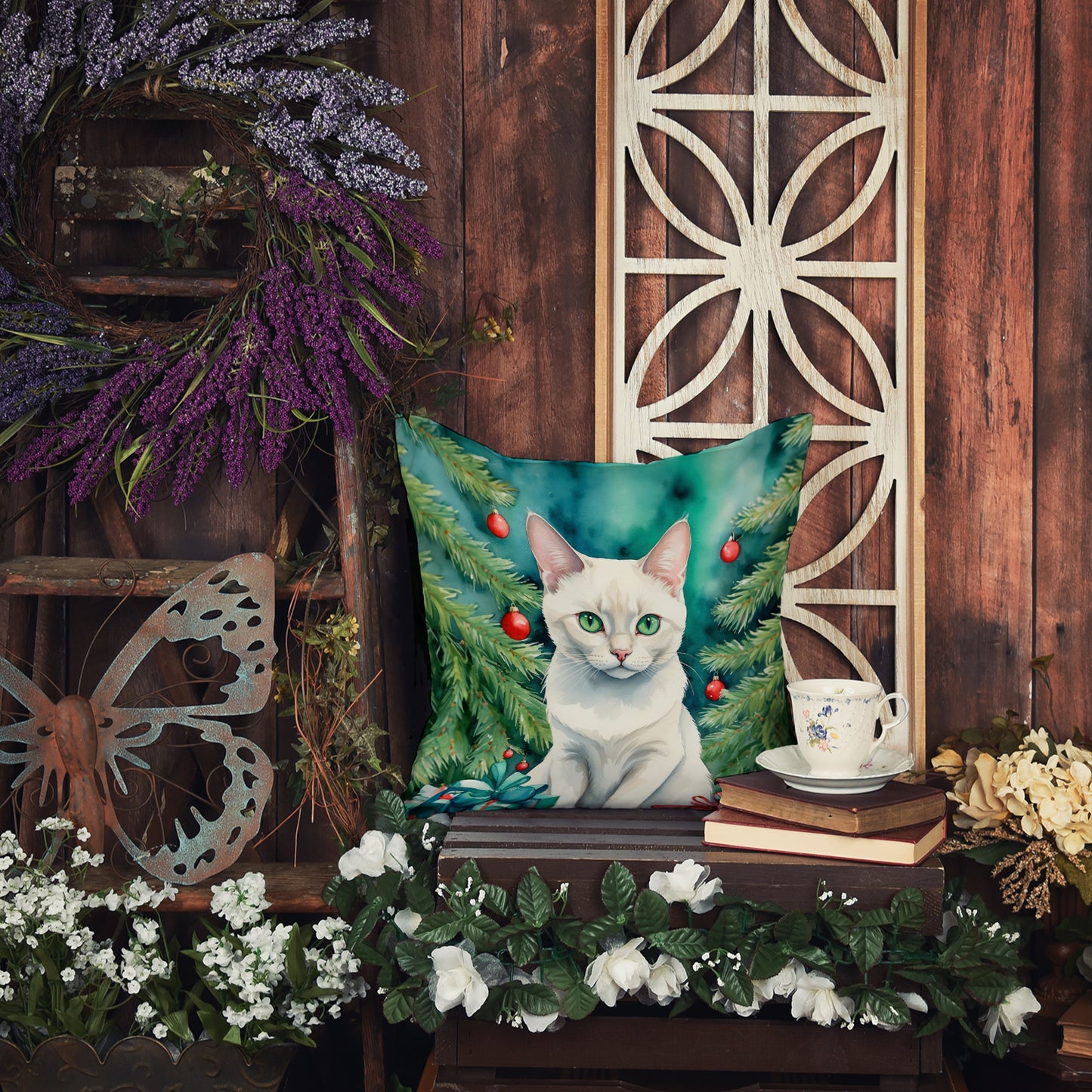 Foreign White Cat By the Christmas Tree Throw Pillow