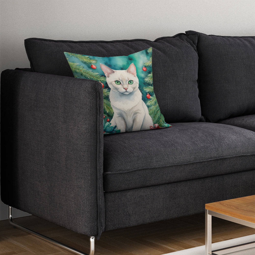 Foreign White Cat By the Christmas Tree Throw Pillow