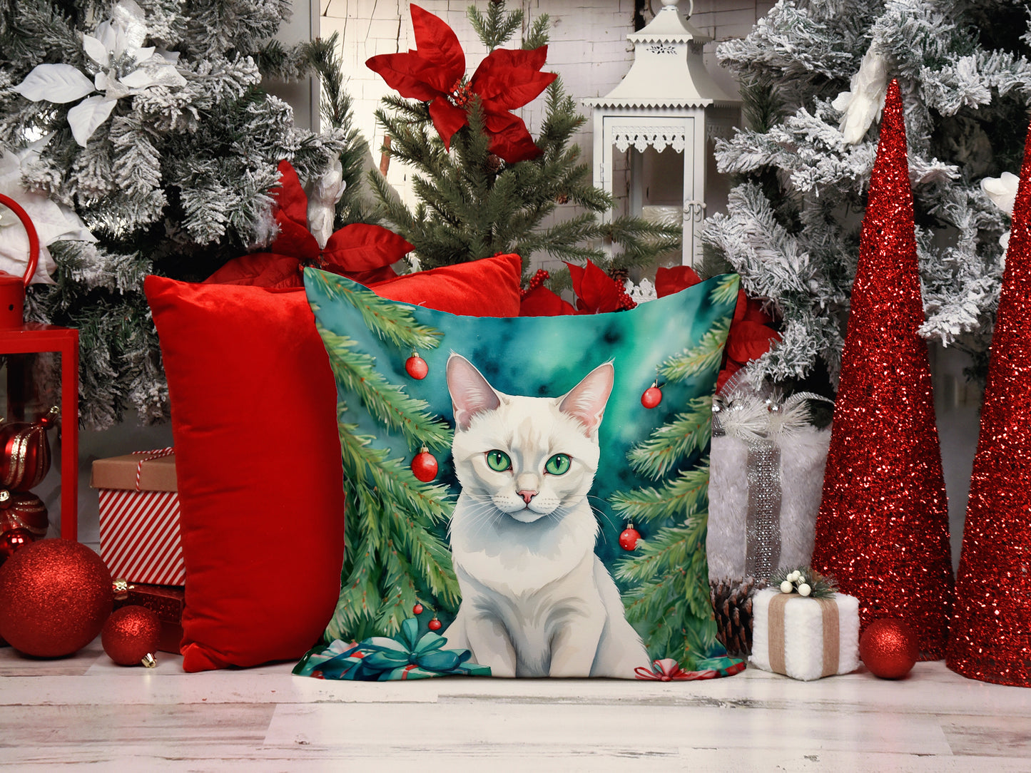 Foreign White Cat By the Christmas Tree Throw Pillow