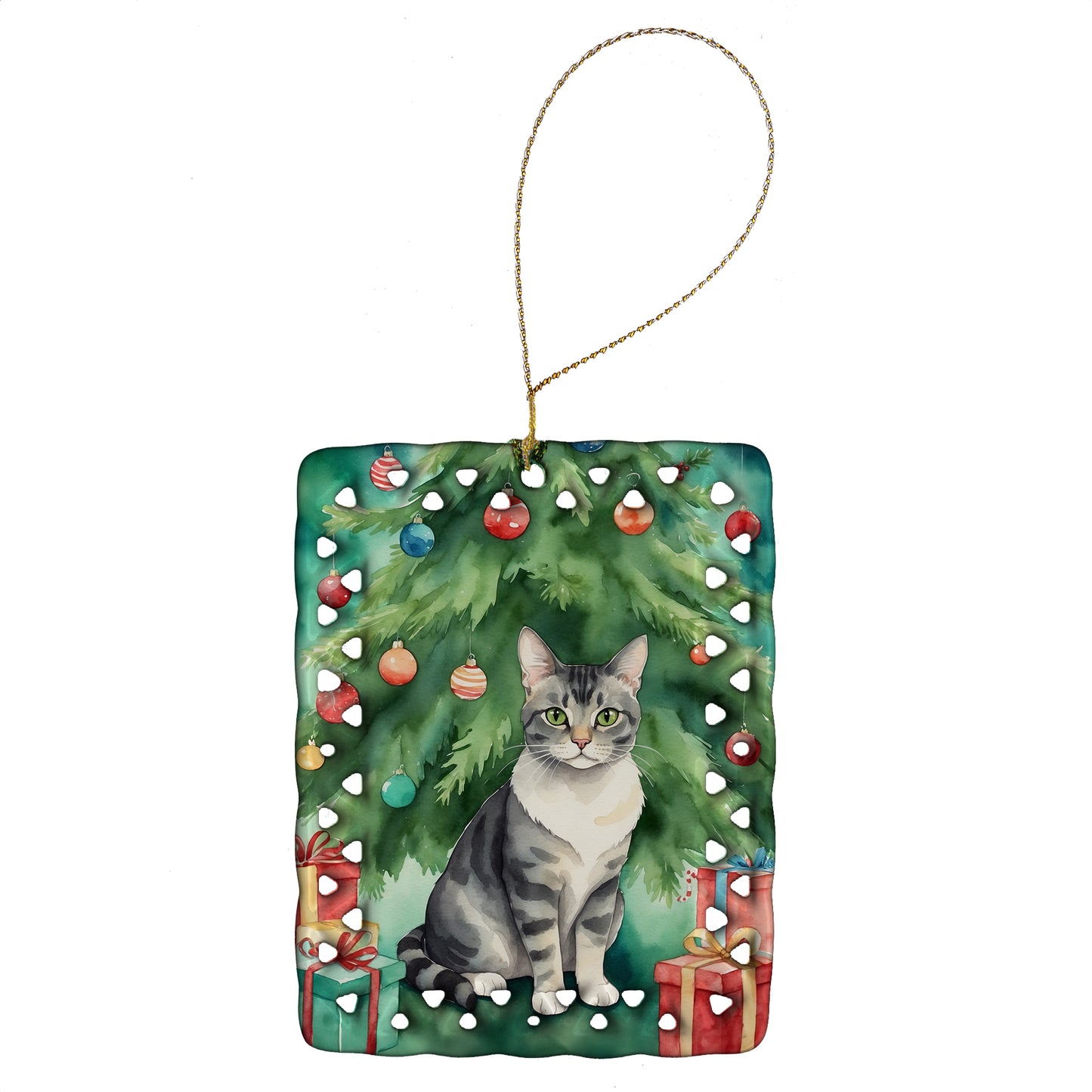 Buy this German Rex Cat By the Christmas Tree Porcelain Ornament