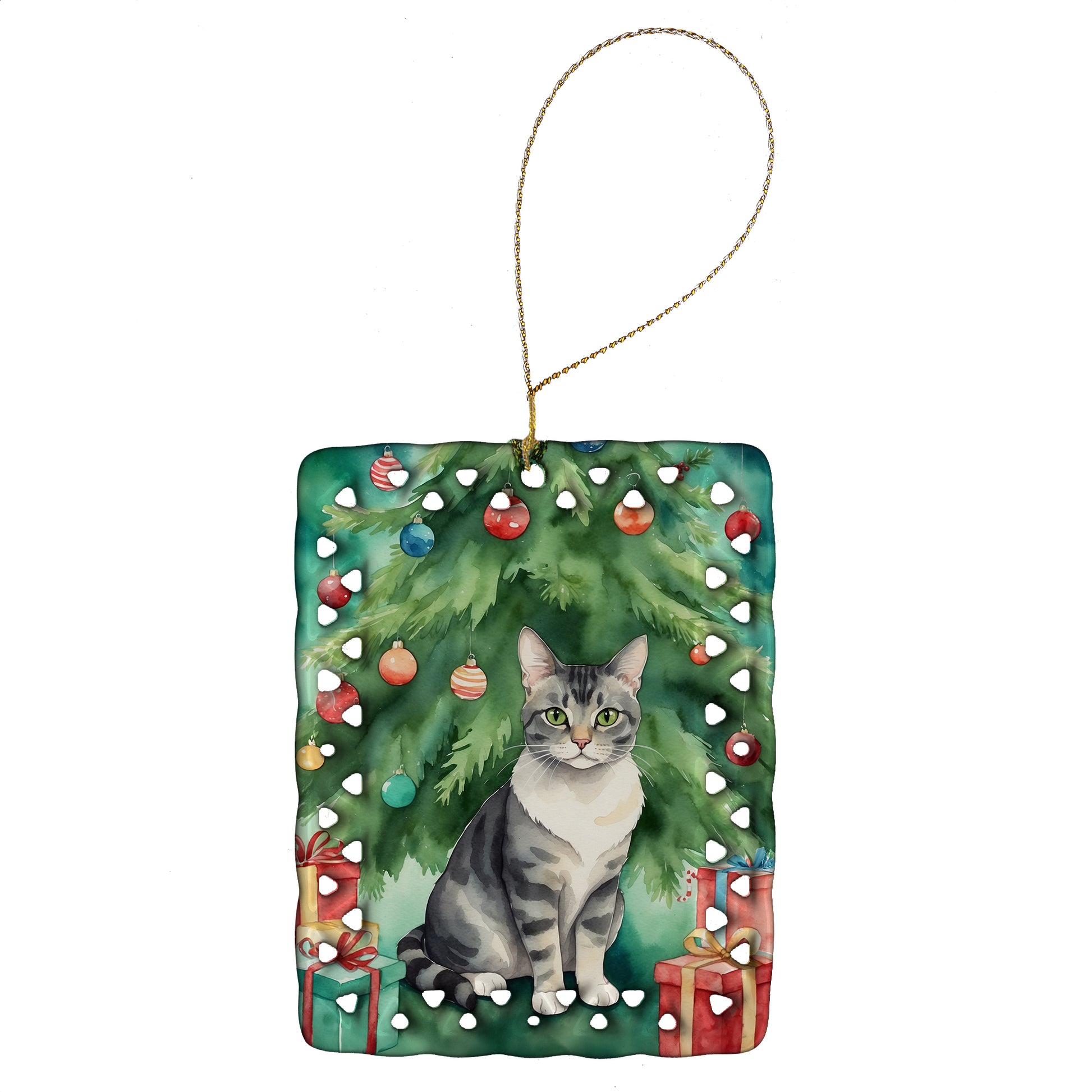 Buy this German Rex Cat By the Christmas Tree Porcelain Ornament
