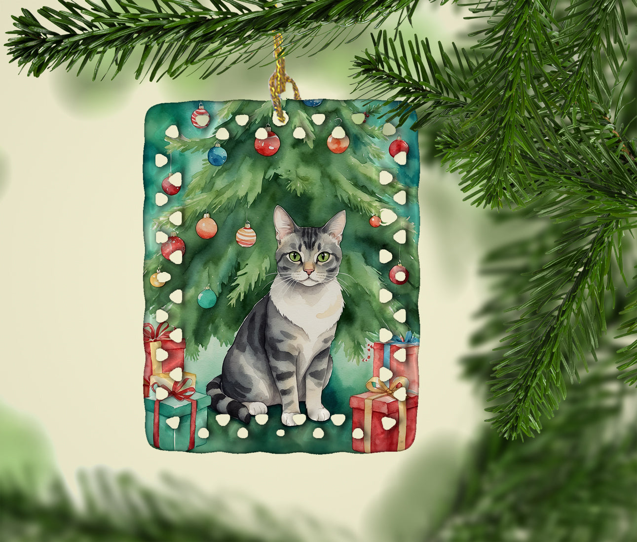 German Rex Cat By the Christmas Tree Porcelain Ornament