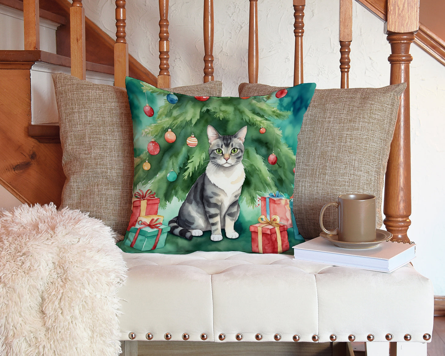 German Rex Cat By the Christmas Tree Throw Pillow